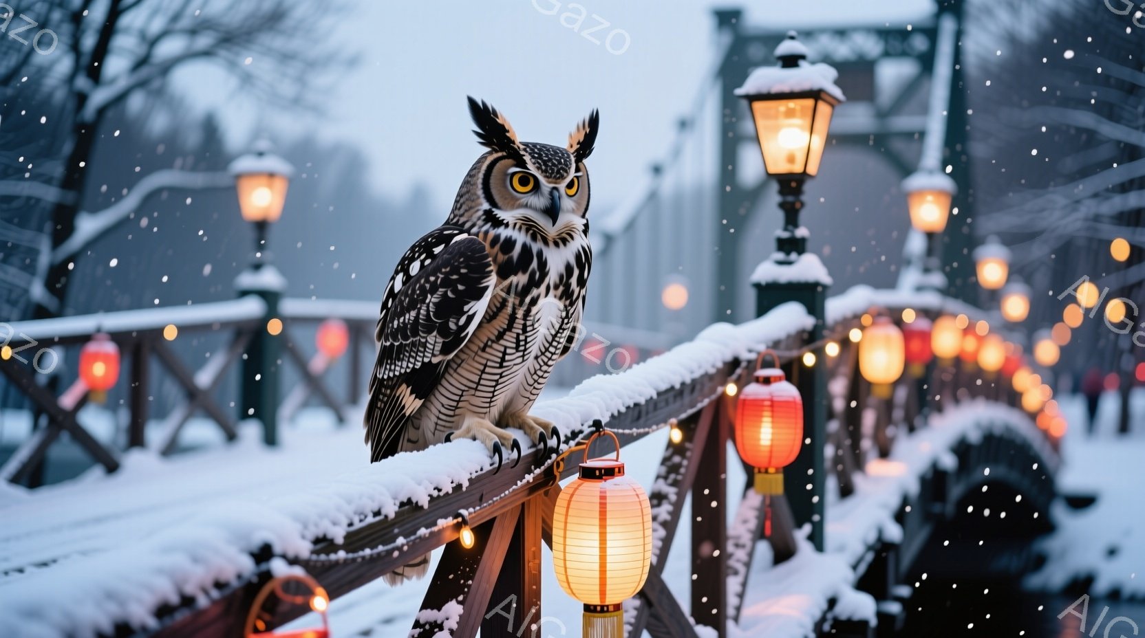 雪が舞う幻想的な背景を背景に、大きなフクロウがこちらを見つめている。フクロウは茶色と白の美しい模様を持ち、鋭い金色の目と力強いくちばしが印象的だ。背景にはぼやけた光が点在し、冬の夜の神秘的な雰囲気を醸 - AI生成フリー素材