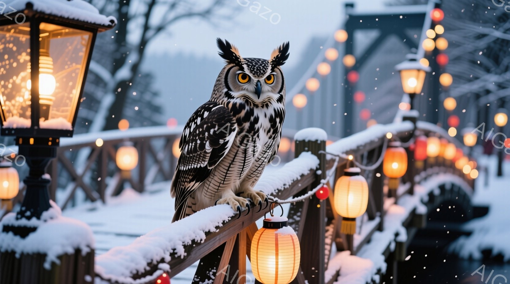 雪に覆われた手すりに、大きなフクロウが止まっています。そのフクロウは鋭い眼差しで正面を見つめ、冬の風景を見守っているようです。背景にはぼやけた灯篭が連なり、雪が舞う幻想的な雰囲気を醸し出しています。 - AI生成フリー素材