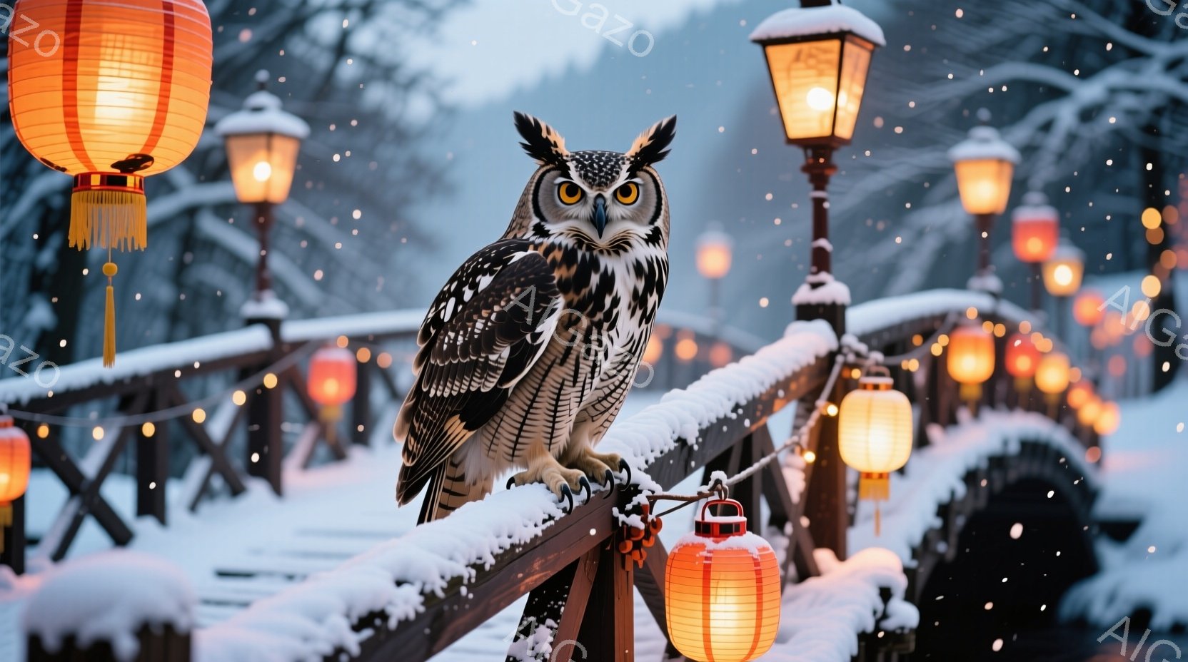 鮮やかな緑色のオーロラを背景に、美しいフクロウが描かれています。雪が舞う中、フクロウは鋭い眼差しで正面を見据え、茶色と白の模様が羽全体に広がっています。神秘的で幻想的な雰囲気が漂い、冬の夜空を想起させ - AI生成フリー素材