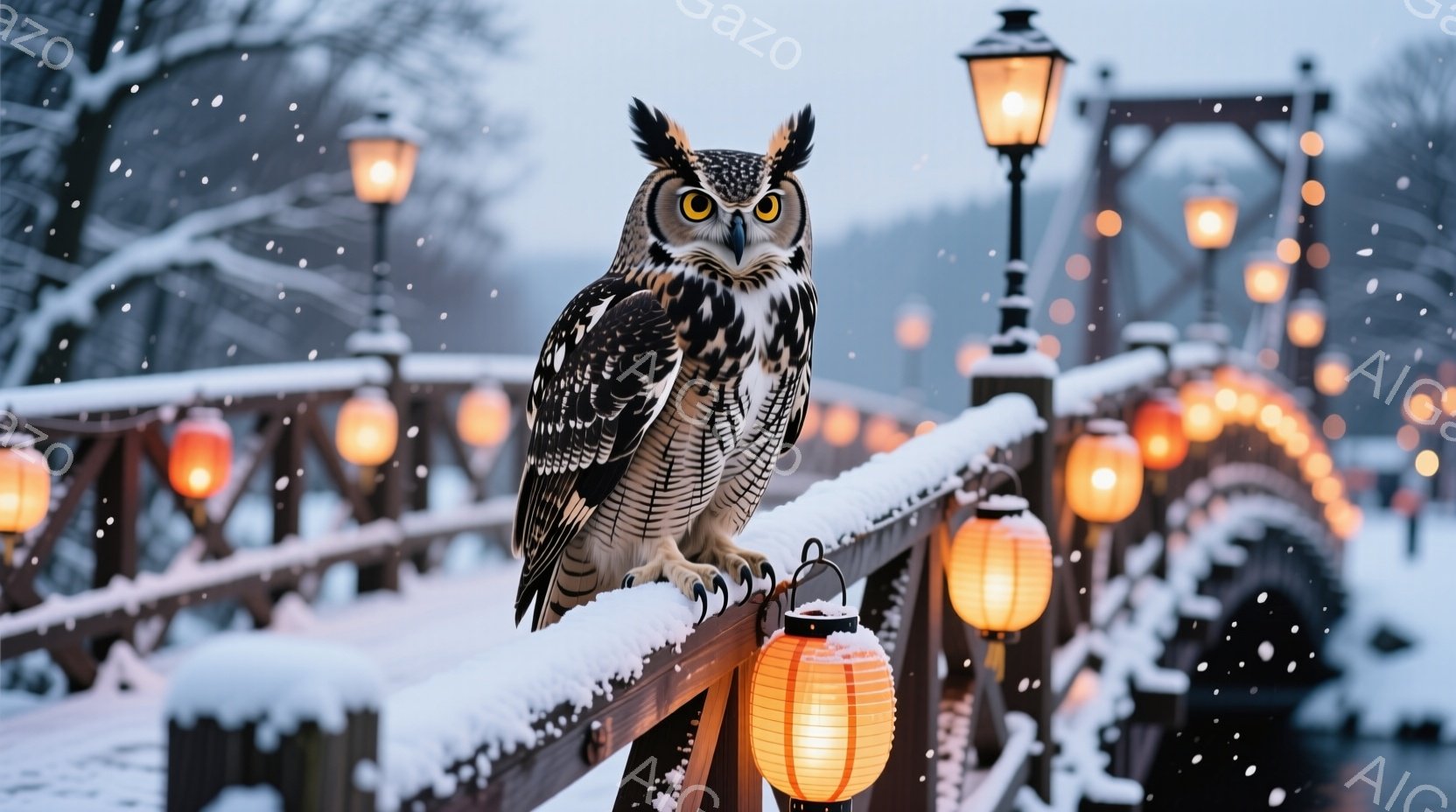 雪に覆われた欄干の上に、大きなフクロウが座っています。フクロウは鋭い目つきで正面を見つめ、その毛並みは白と茶色の美しい模様で覆われています。背景には、オレンジ色の灯りが点在する橋が広がり、雪が舞う幻想的な冬の景色が広がっています。