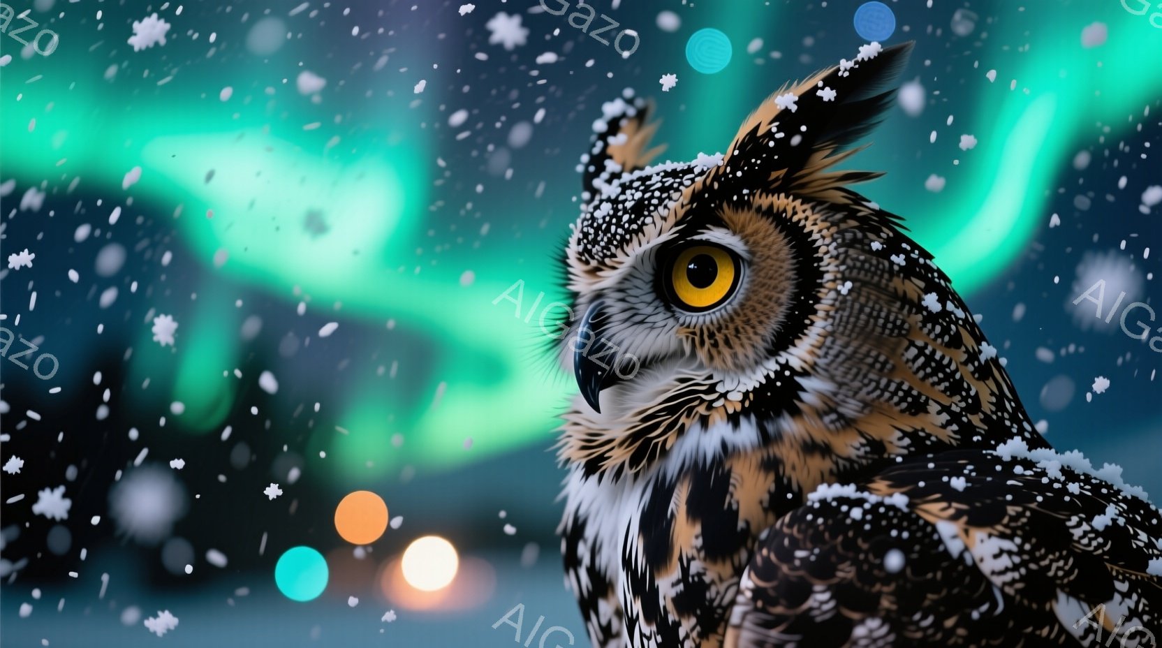 雪が舞う中、大きなフクロウが正面をじっと見つめています。茶色と黒の美しい羽毛は雪で覆われ、鋭い黄色い目は強い印象を与えます。背景には、ぼやけた青緑色のオーロラのような光が広がり、幻想的で冬の夜の雰囲気 - AI生成フリー素材