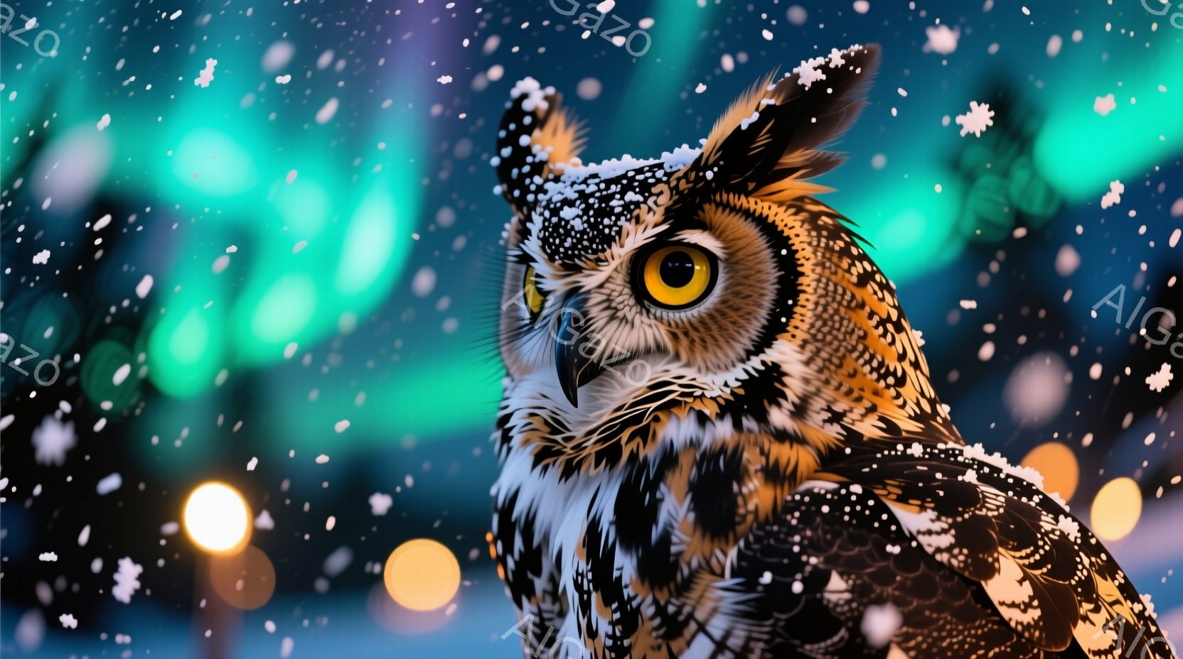 大きなフクロウが画面の正面をまっすぐ見つめています。背景は、ぼやけた緑と青色の光のぼかしがあり、まるで夜空のオーロラのような幻想的な雰囲気を醸し出しています。雪片が舞い散る様子が、静かで神秘的な冬の情景を連想させます。