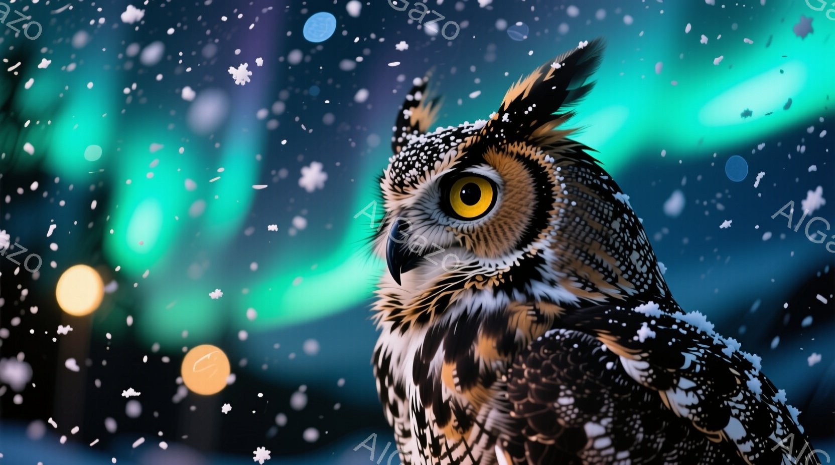 雪片が舞う夜空を背景に、正面を向いたフクロウのポートレートです。フクロウは茶色と白の模様を持ち、鋭い黄色い目と力強いくちばしが特徴的です。背景は、緑とオレンジのぼやけた光で構成され、幻想的で神秘的な雰 - AI生成フリー素材