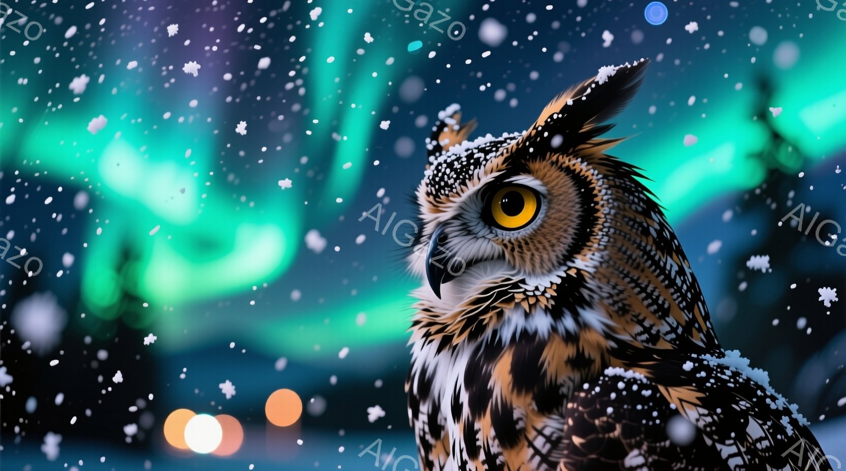 大きなフクロウが、雪が舞う夜空を背景に正面を向いている。その羽毛は茶色と白の美しい模様で覆われ、鋭い目つきは金色に輝いている。背景は緑と紫のオーロラのような光が幻想的な雰囲気を作り出しており、夜空には - AI生成フリー素材