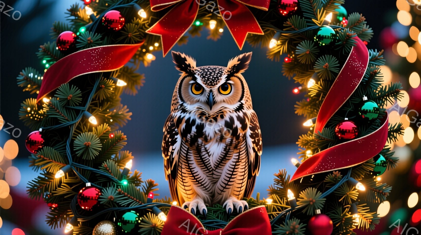 鮮やかなクリスマスリースの中に、大きなフクロウが座っています。フクロウは鋭い眼差しで正面を見つめ、茶色と白の美しい羽毛が特徴的です。背景にはぼやけたクリスマスライトと装飾があり、温かく華やかな雰囲気を醸し出しています。