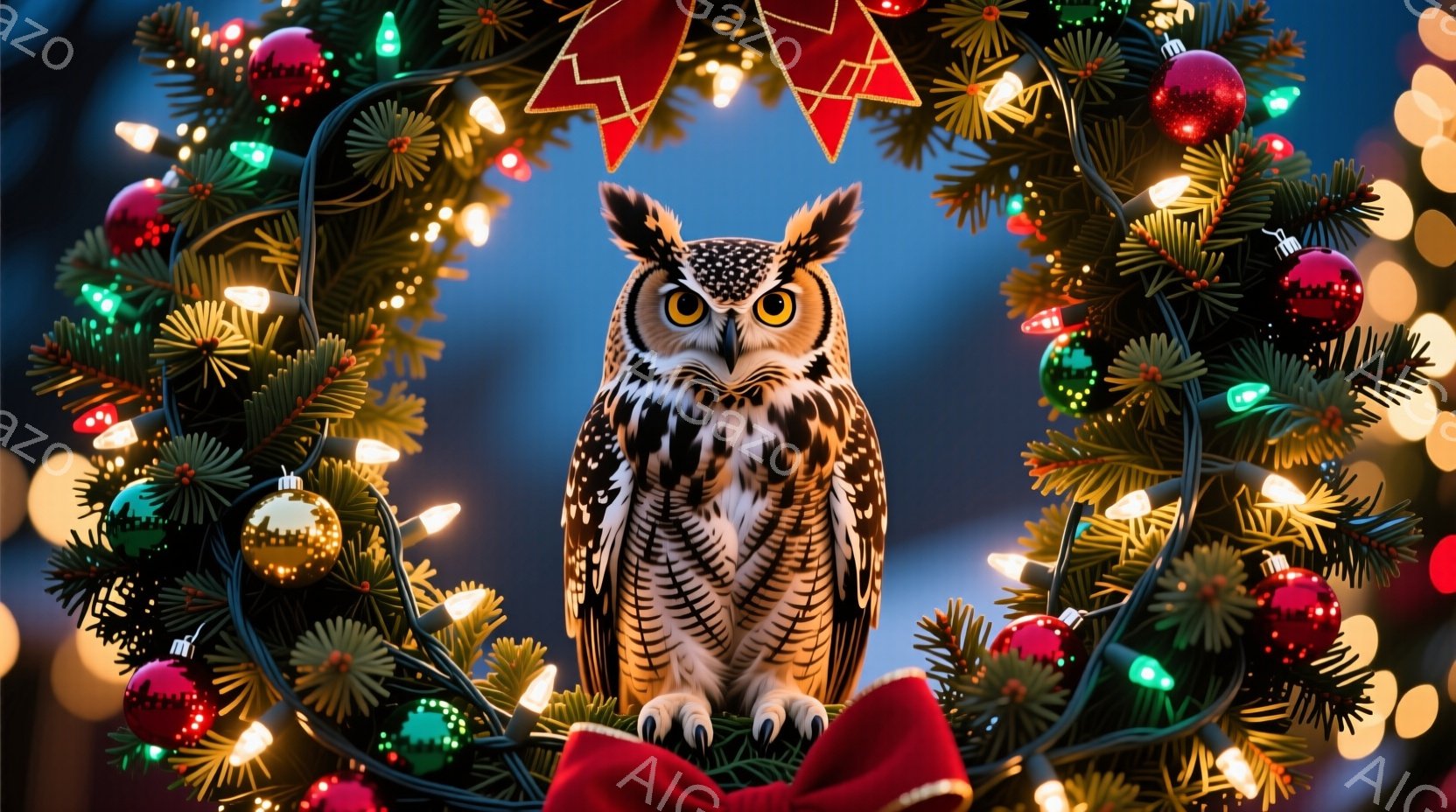 鮮やかなクリスマスツリーの飾り付けの中に、大きなフクロウが座っています。フクロウは正面をまっすぐ見つめ、鋭い眼光で威厳のある表情をしています。背景はぼやけたクリスマスライトで、全体的に暖かく、お祝いの雰囲気です。