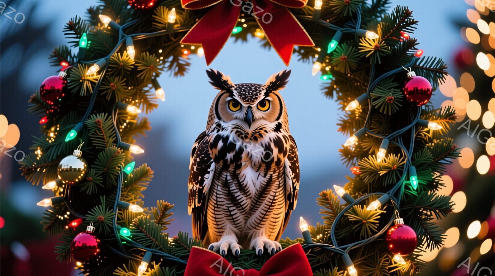 鮮やかなクリスマスツリーのリースに、大きなフクロウが正面を向いて座っています。フクロウは白と茶色の模様が印象的で、鋭い眼光でこちらを見つめています。背景にはぼやけたクリスマスライトが輝き、華やかで温か - AI生成フリー素材