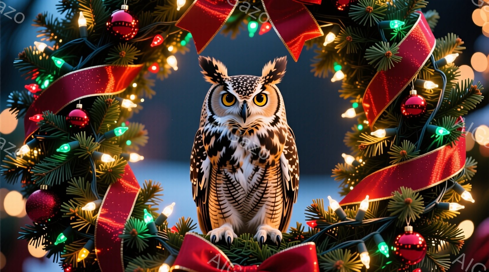 クリスマスツリーの飾り付けられた枝に座るフクロウが描かれています。フクロウは鋭い眼差しで正面を見つめ、白と茶色の美しい羽毛が特徴的です。背景にはぼやけたクリスマスライトが輝き、暖かくお祝いの雰囲気を醸 - AI生成フリー素材