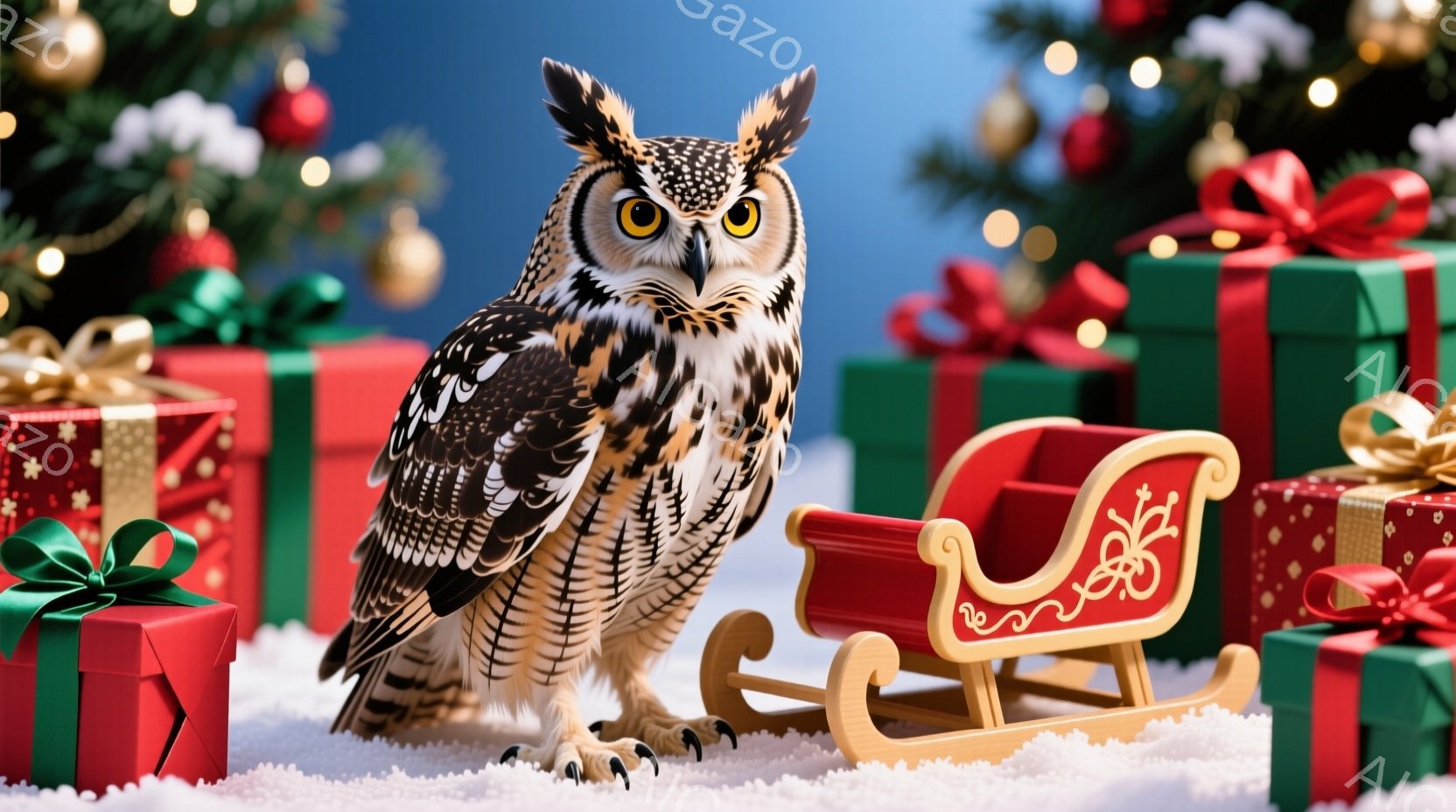 雪の上に、美しいフクロウが立っています。背景には、クリスマスツリーとプレゼントの箱が散りばめられ、小さな赤いソリが置かれています。全体的に、暖かく、お祝いの雰囲気で、冬のホリデーシーズンを表現していま - AI生成フリー素材