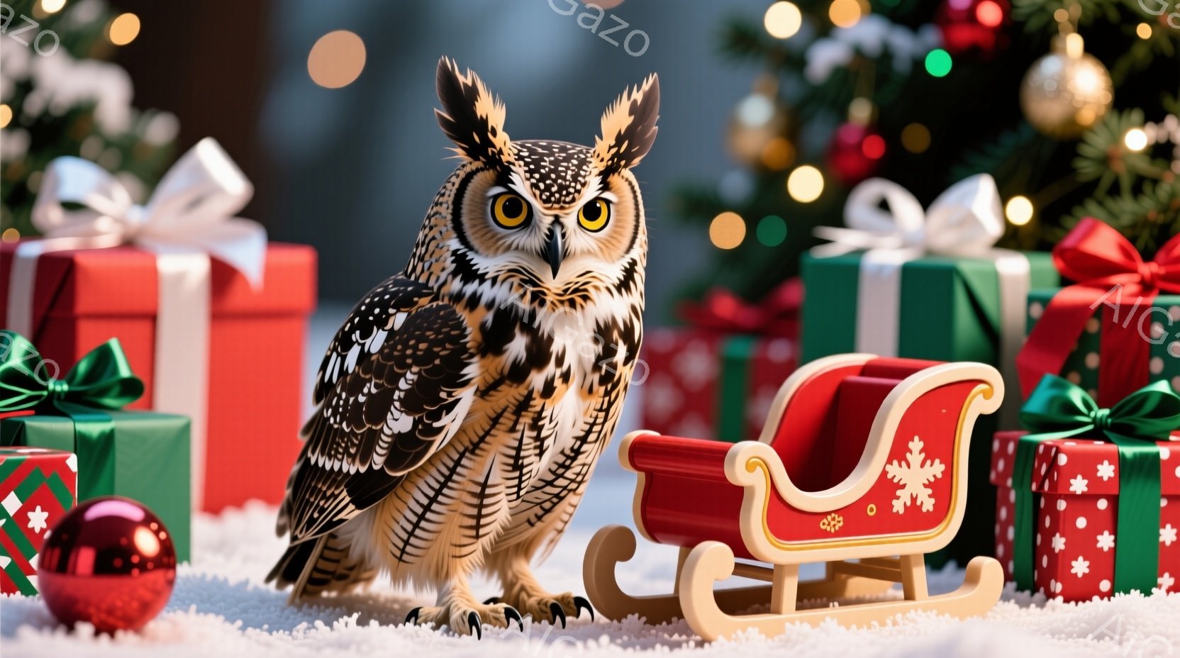 鮮やかなクリスマスを背景に、大きなフクロウが雪の上に立っている。フクロウは鋭い目つきで正面を見据え、茶色と白の美しい模様が特徴的だ。背景にはプレゼントボックスや赤いそりが置かれ、全体的に暖かく華やかな - AI生成フリー素材