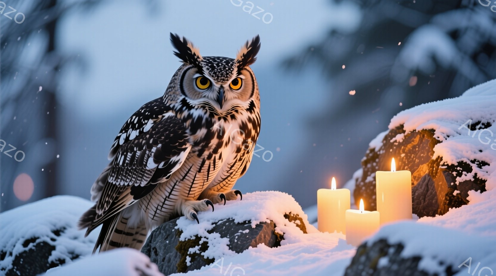 雪に覆われた岩の上に、大きなフクロウが威厳のある姿で佇んでいる。背景には薄暗い森が広がり、雪片が舞っている。フクロウの鋭い眼光と、岩の横に置かれた３本の灯されたキャンドルの光が、静寂で神秘的な雰囲気を醸し出している。