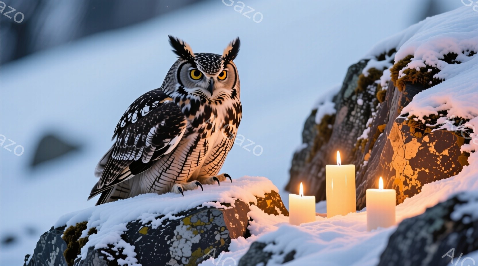 雪に覆われた岩の上に、大きなフクロウが鋭い眼光で正面を見据えています。背景には白く輝く雪景色が広がり、岩の上には数本の点灯したロウソクが置かれ、暖かな光を放っています。全体的に、静寂で神秘的な冬の風景 - AI生成フリー素材