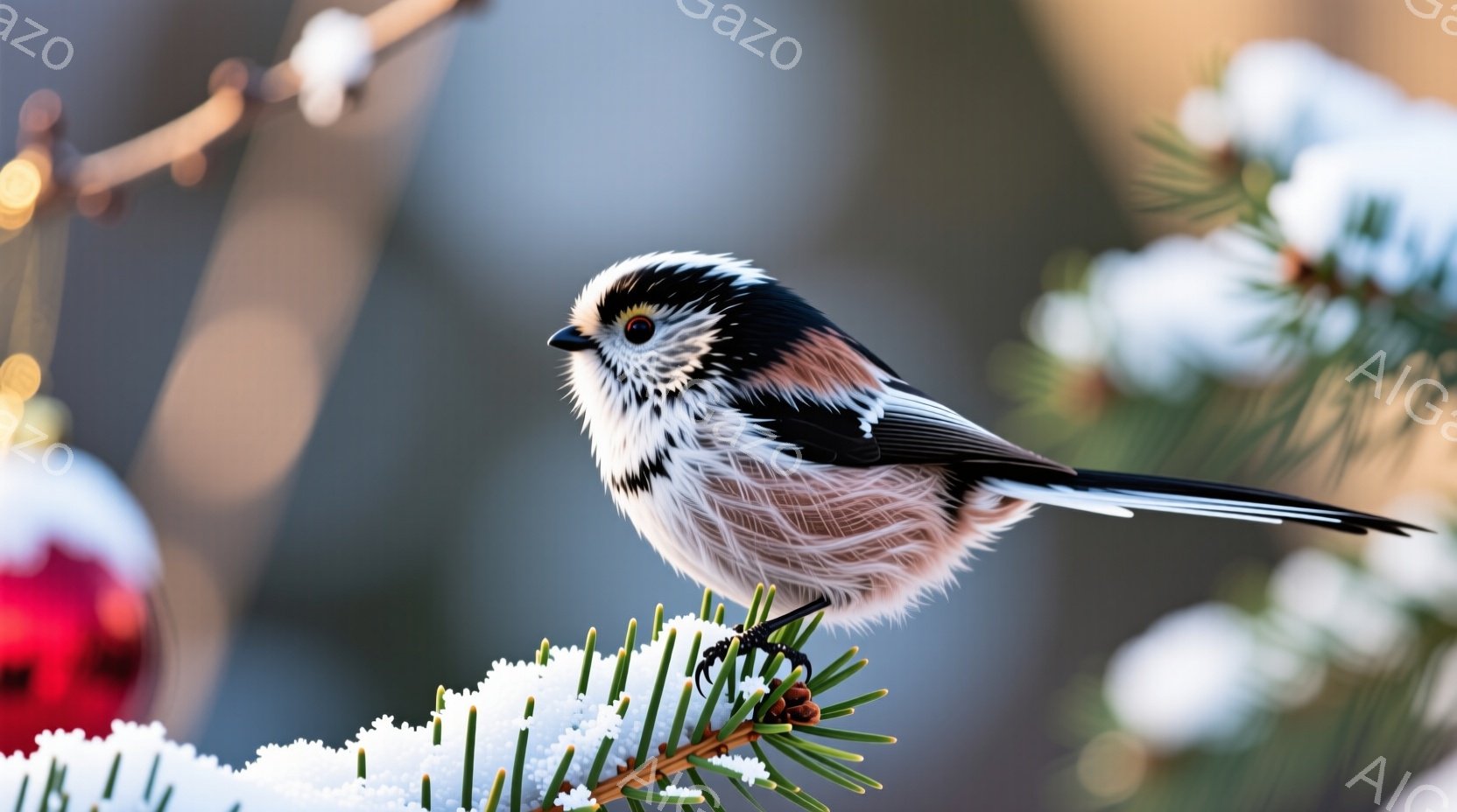 白と黒の美しい模様を持つヒヨドリが、雪に覆われた針葉樹の枝にとまっている。その姿は丸みを帯びており、冬の寒さの中、ふっくらとした体温を保っているように見える。背景にはぼやけた赤いオーナメントや他の針葉 - AI生成フリー素材