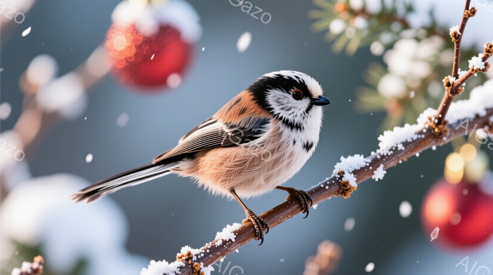 小さな鳥が雪の積もった木の枝にとまっており、鮮やかな赤色のオーナメントが背景にぼやけて見えます。鳥は茶色と白の美しい模様を持ち、短い足でしっかりと枝に掴まっています。雪が舞い散る冬の穏やかで静かな雰囲 - AI生成フリー素材