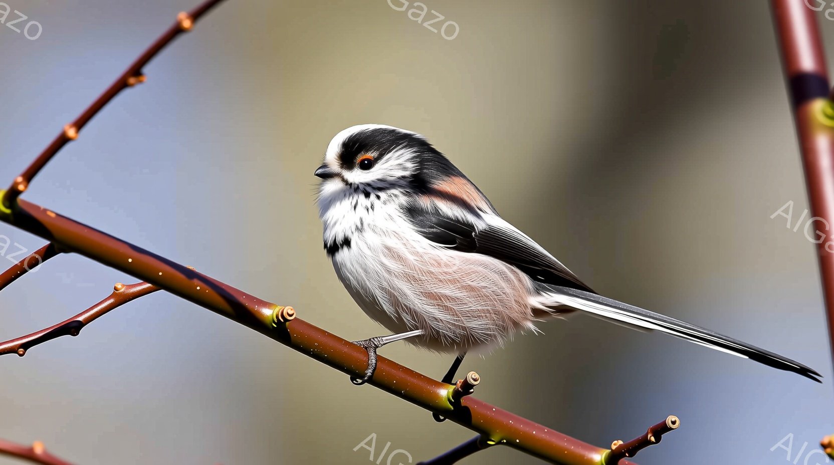 小さな鳥が、茶色の木の枝にとまっている。その鳥は、白と黒の模様で、頬にオレンジ色のアクセントがある愛らしい姿をしている。背景はぼやけた緑と青空で、春の穏やかな日差しが感じられる。