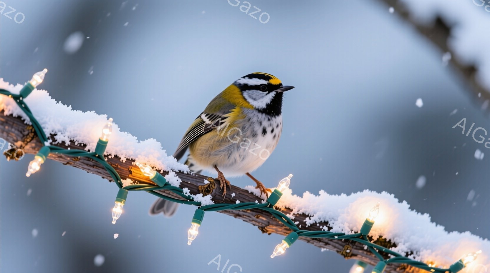 雪化粧された木の枝に、鮮やかな黄色の冠羽を持つ小さな鳥がとまっています。雪が舞う薄暗い背景と、点灯したクリスマスライトが、冬の暖かさと静けさを感じさせます。鳥は前を見据え、寒さに耐えながらも凛とした姿 - AI生成フリー素材