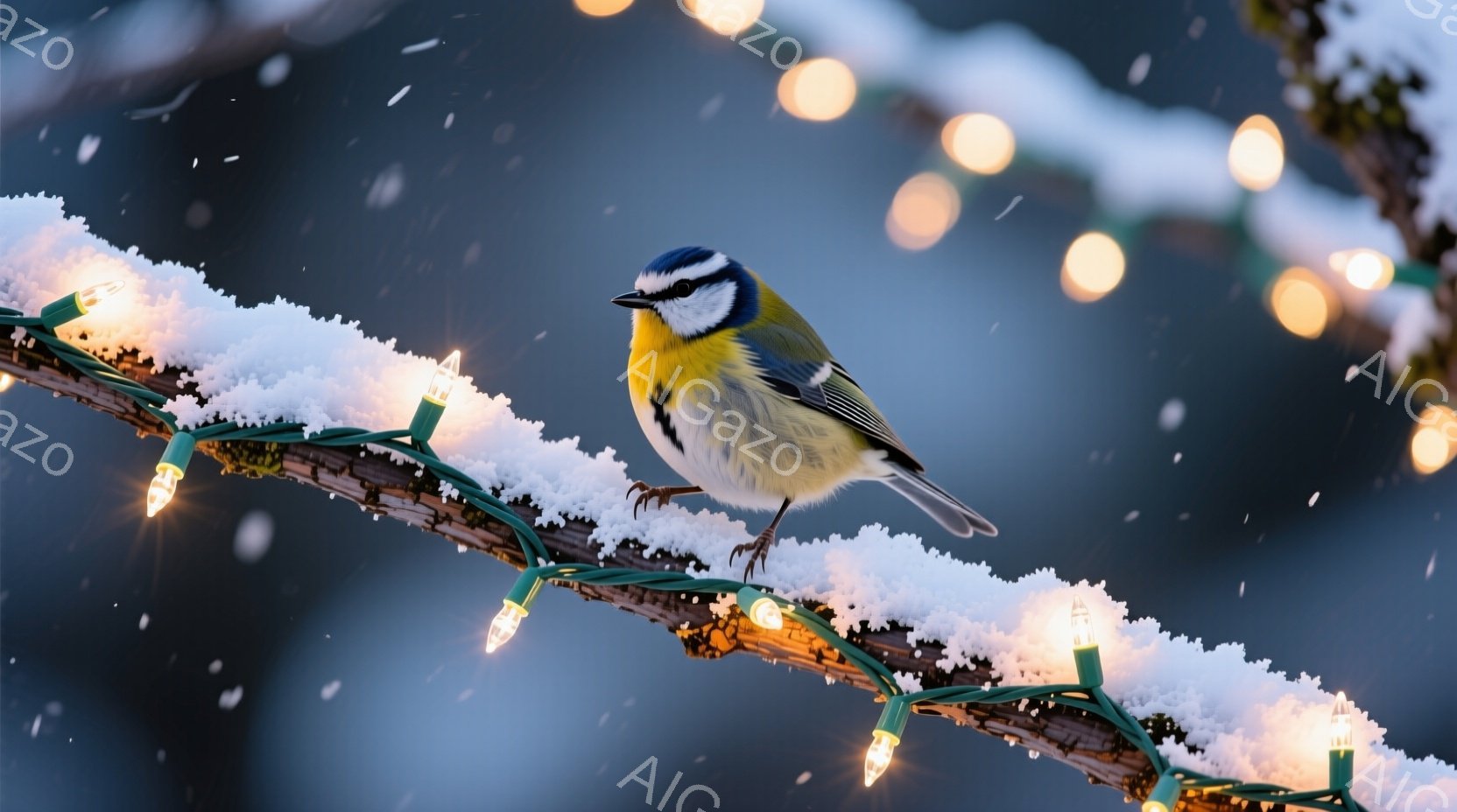 雪が降る冬の日に、白い雪で覆われた電飾のコードの上に一羽の美しい小鳥がとまっている。その鳥は青い頭と背中、明るい黄色の胸元を持っており、白い雪景色の中で鮮やかに映えている。背景はぼやけており、冬の寒さ - AI生成フリー素材