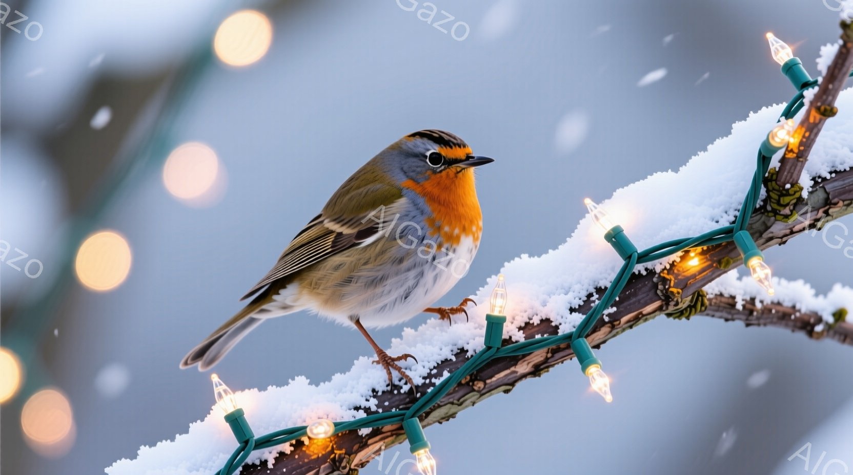 雪に覆われた木の枝に、赤い胸を持つ鳥がとまっています。枝にはクリスマスのイルミネーションが飾られており、冬の穏やかな雰囲気を醸し出しています。背景は淡い空で、雪が舞っている様子が伺えます。 - AI生成フリー素材