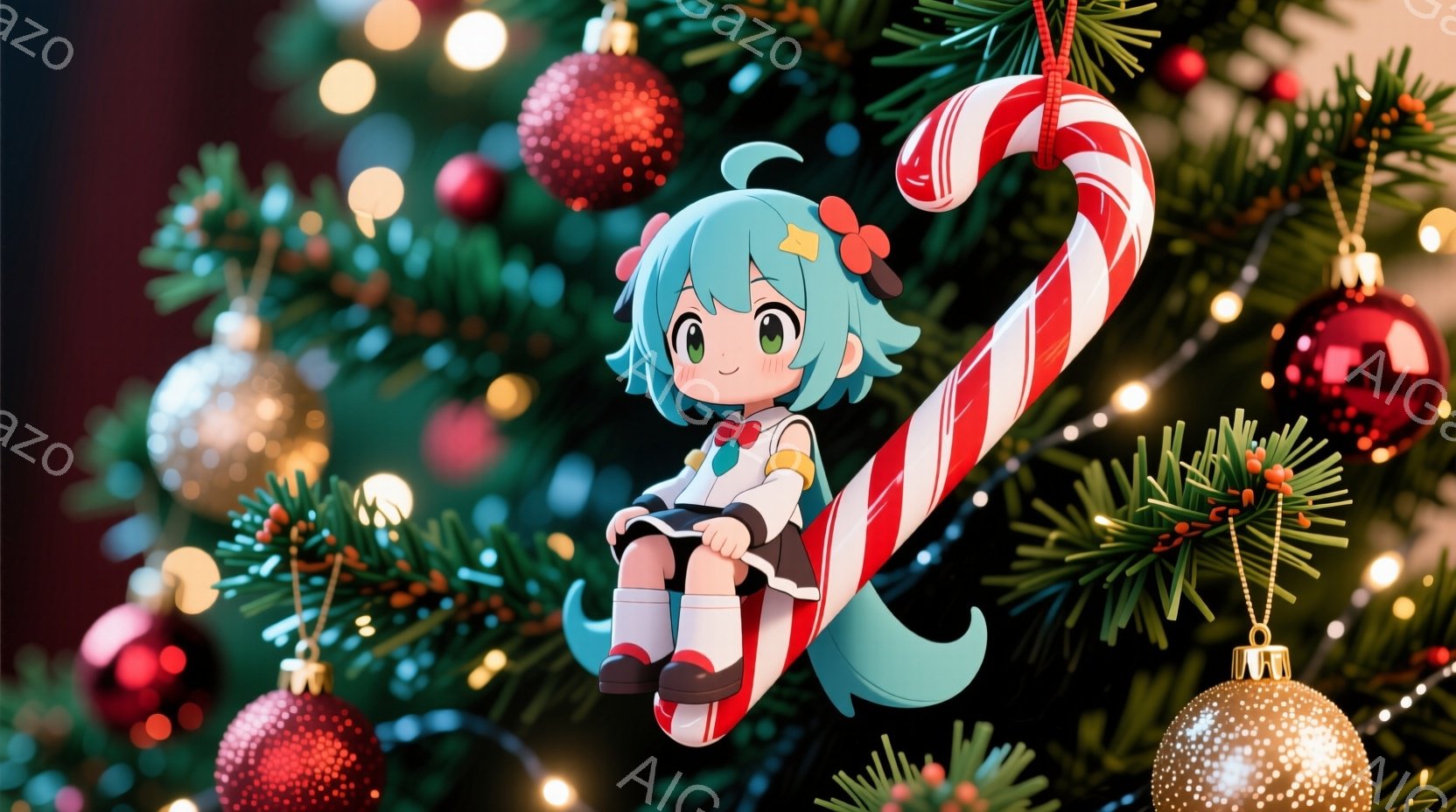 明るい緑色の髪に大きなリボンをつけた少女が、巨大なキャンディケーンの上に座っています。彼女は白い襟のついた黒いドレスと、赤いリボンと縞模様の靴下を身に着けており、穏やかな笑顔を浮かべています。背景には、赤いオーナメントと光が輝くクリスマスツリーがあり、全体的に暖かく、お祝いの雰囲気が漂っています。