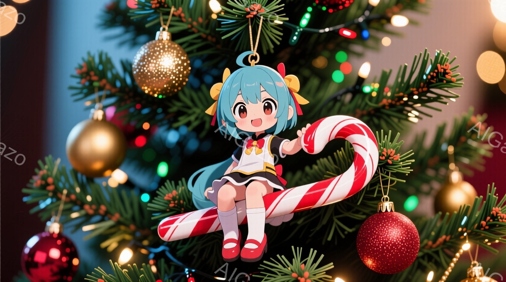 明るい青髪で、黄色いリボンと大きな赤い髪飾りをつけた少女が、巨大なキャンディケーンに座っています。彼女は白いシャツに黒いスカート、赤い靴を履いており、片手を上げて笑顔を見せています。背景には、緑のクリ - AI生成フリー素材