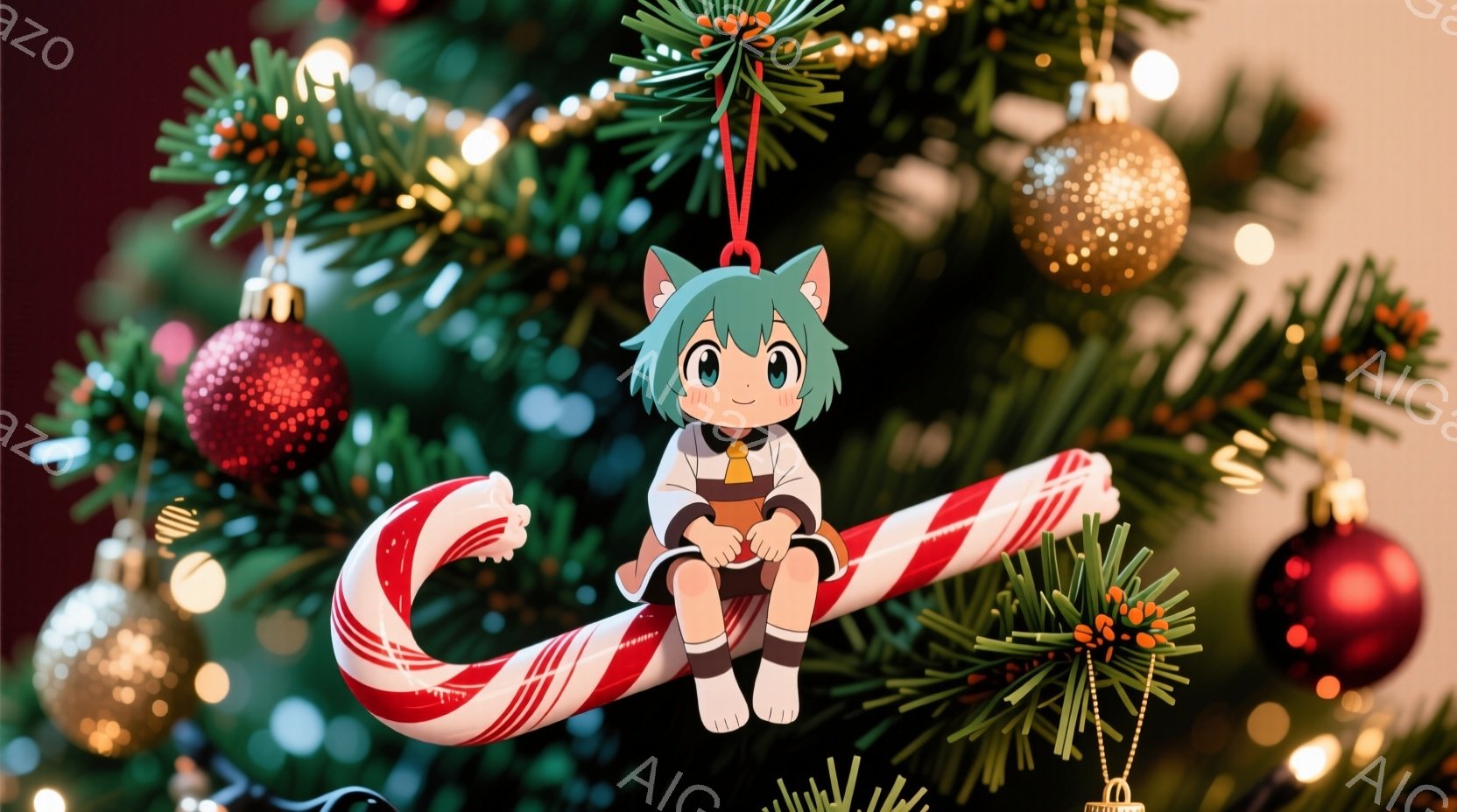 緑色の髪と青い目を持つ小さな女の子が、赤い縞模様のキャンディの棒の上に座っています。彼女は白いセーターと茶色のスカートを着ており、少し微笑んでいます。背景には、クリスマスツリーの枝と、赤や金のオーナメ - AI生成フリー素材