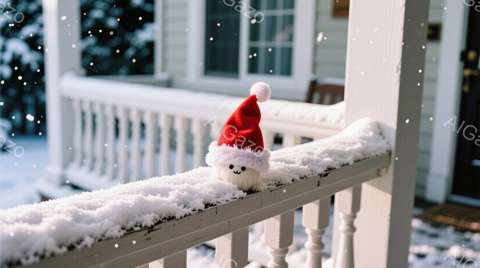 白い手すりに雪が積もり、その上に赤いサンタ帽をかぶった白いふわふわの生き物がちょこんと座っています。背景には雪で覆われた家の外観が見え、冬の静かで穏やかな雰囲気が漂っています。雪が舞い、全体的にクリス - AI生成フリー素材