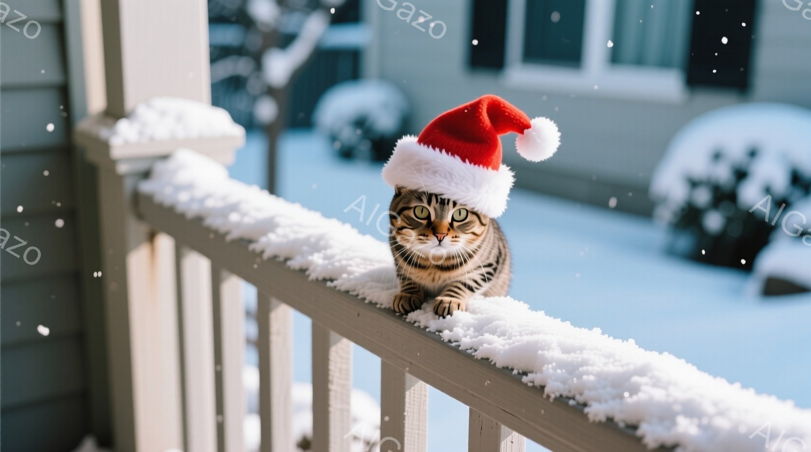 縞模様の猫が赤いサンタ帽をかぶり、雪で覆われた柵の上に座っています。猫は正面を見ており、やや好奇心とリラックスした表情を浮かべています。背景は雪景色で、白い家と雪に覆われた茂みがぼんやりと見え、冬の穏 - AI生成フリー素材