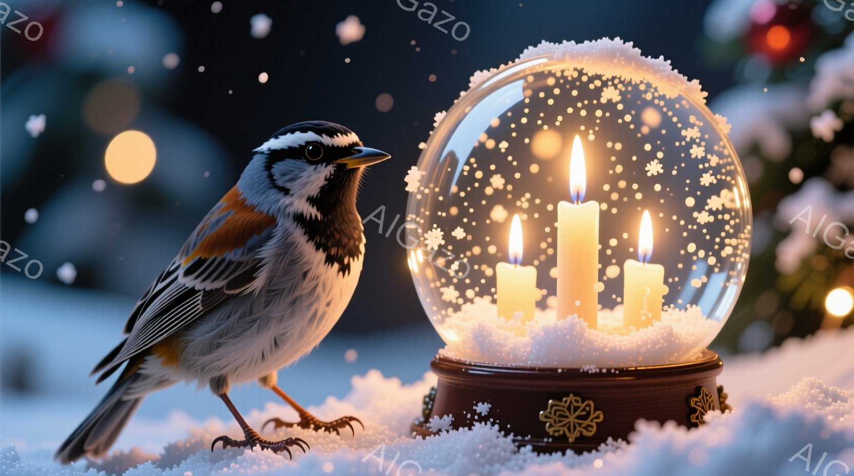 雪が降り積もる中、小さな鳥が雪の上に立っている。背景には、中からろうそくの光が漏れ出す雪の結晶が舞うガラスのドームが見え、ぼんやりとした暖かい光が冬の風景を照らしている。全体的に、静かで穏やか、そして - AI生成フリー素材