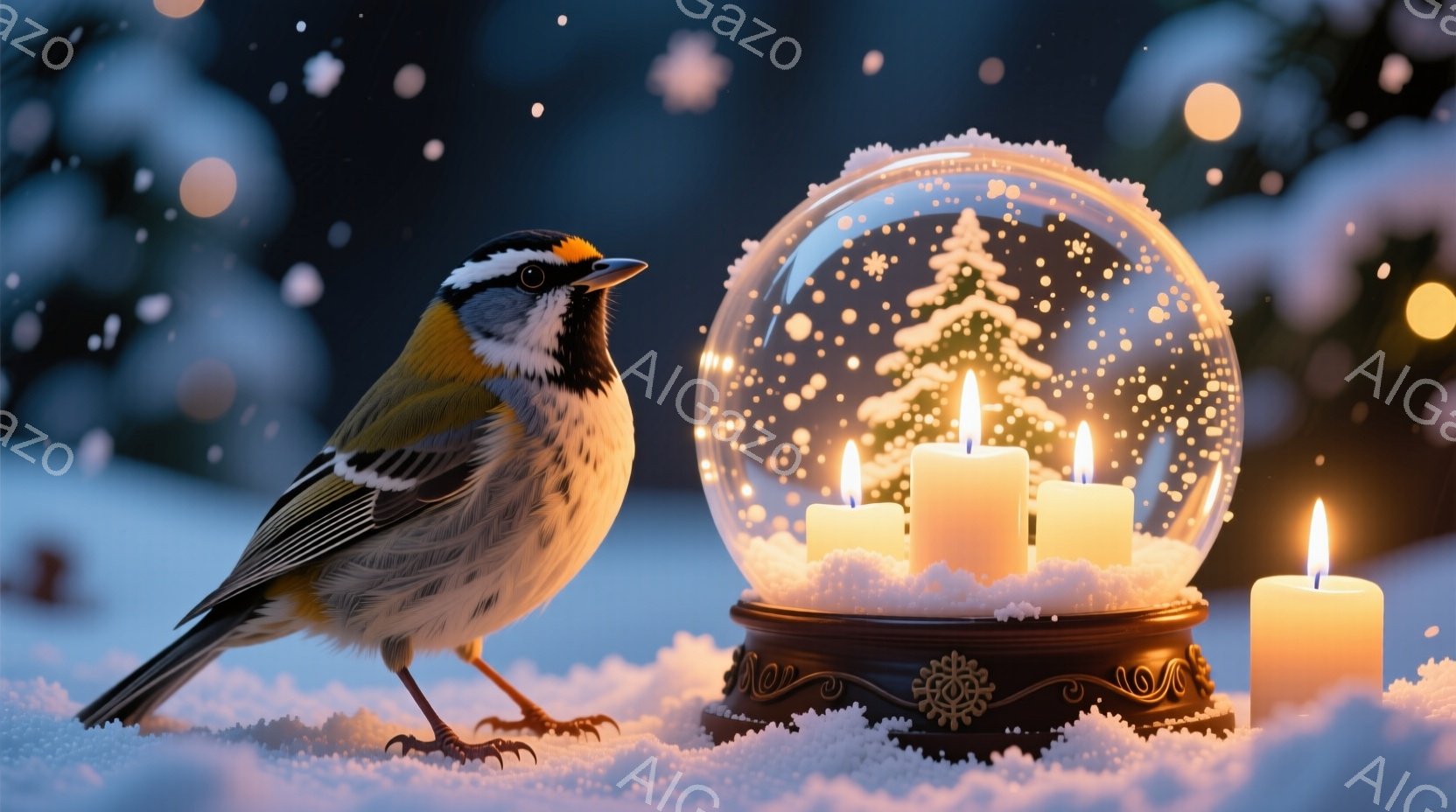 白い雪の上に、黄色と黒の美しい鳥が立っている。背景には、雪が積もった台座の上に置かれたクリスマスのスノーグローブと、灯りのついたキャンドルがぼんやりと見える。全体的に、静かで温かい冬の雰囲気が漂ってい - AI生成フリー素材