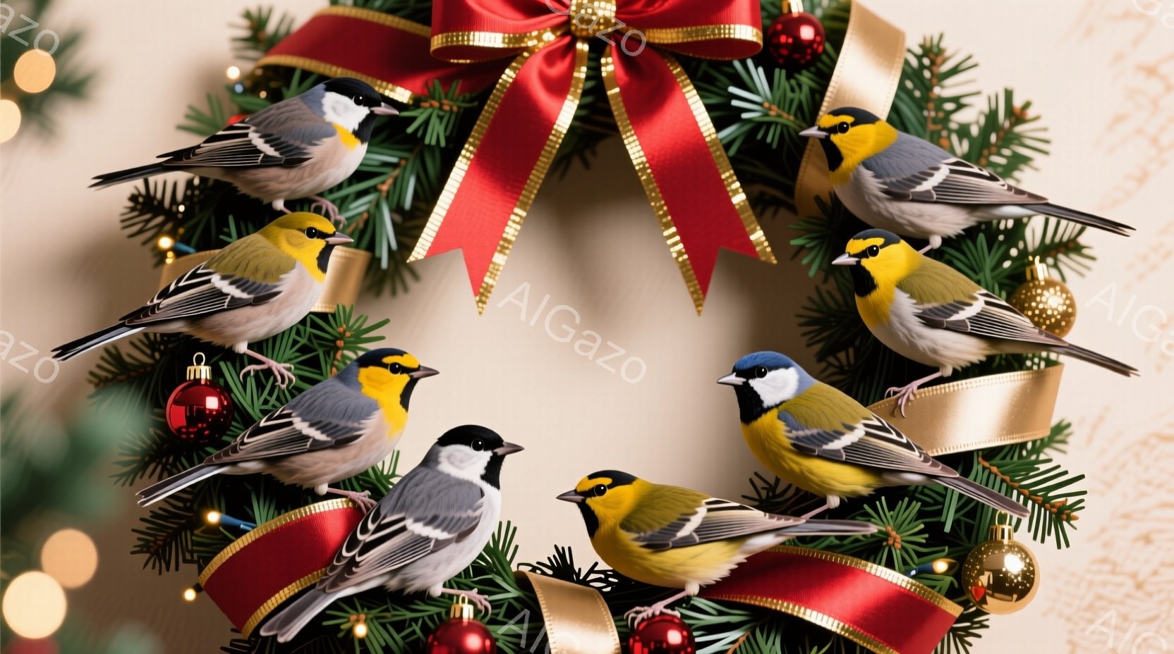 クリスマスリースに寄り添うように配置された複数の小鳥が写っています。鳥たちは青と黄色の鮮やかな羽を持ち、それぞれ異なる方向に顔を向け、静かに座っています。背景はぼやけた暖色系の光で、クリスマスの穏やかで平和な雰囲気を醸し出しています。