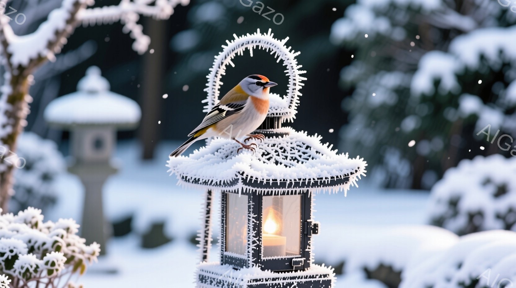 雪景色の中に、氷で覆われたランタンの上に、一羽の小さな鳥が止まっています。ランタンの中には暖かな光が灯っており、周囲の白い雪とのコントラストが美しいです。背景には雪で覆われた木々や建物が見え、静かで幻 - AI生成フリー素材