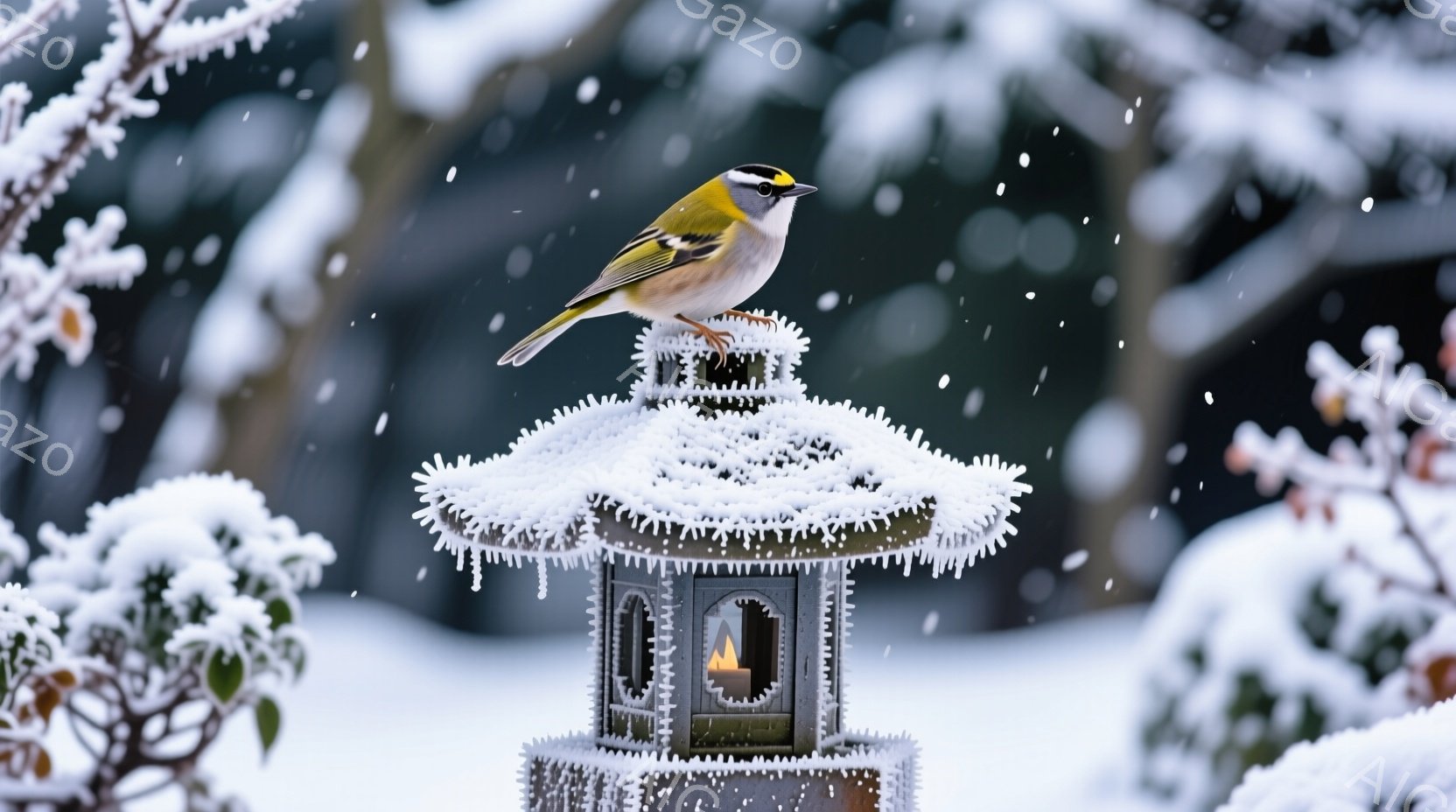 雪が降り積もる中、一羽の美しい黄色の鳥が、霜で覆われた石灯籠の上に止まっています。鳥は鮮やかな色合いで、雪景色の中で際立っています。背景にはぼやけた木々があり、冬の静かで穏やかな雰囲気を醸し出していま - AI生成フリー素材