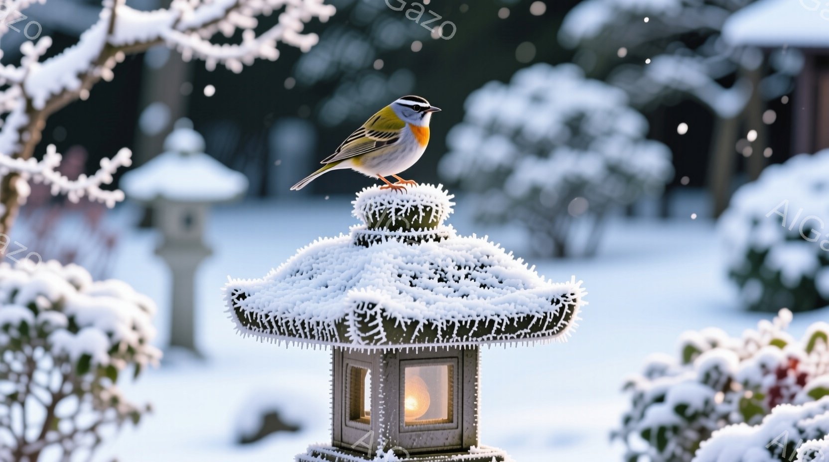 雪が降り積もる中で、一羽の小鳥が雪で覆われた石灯籠の上に止まっています。小鳥は鮮やかな色彩を持ち、雪景色の中で際立って見えます。背景には雪に覆われた木々や建物があり、静かで幻想的な冬の雰囲気を醸し出しています。