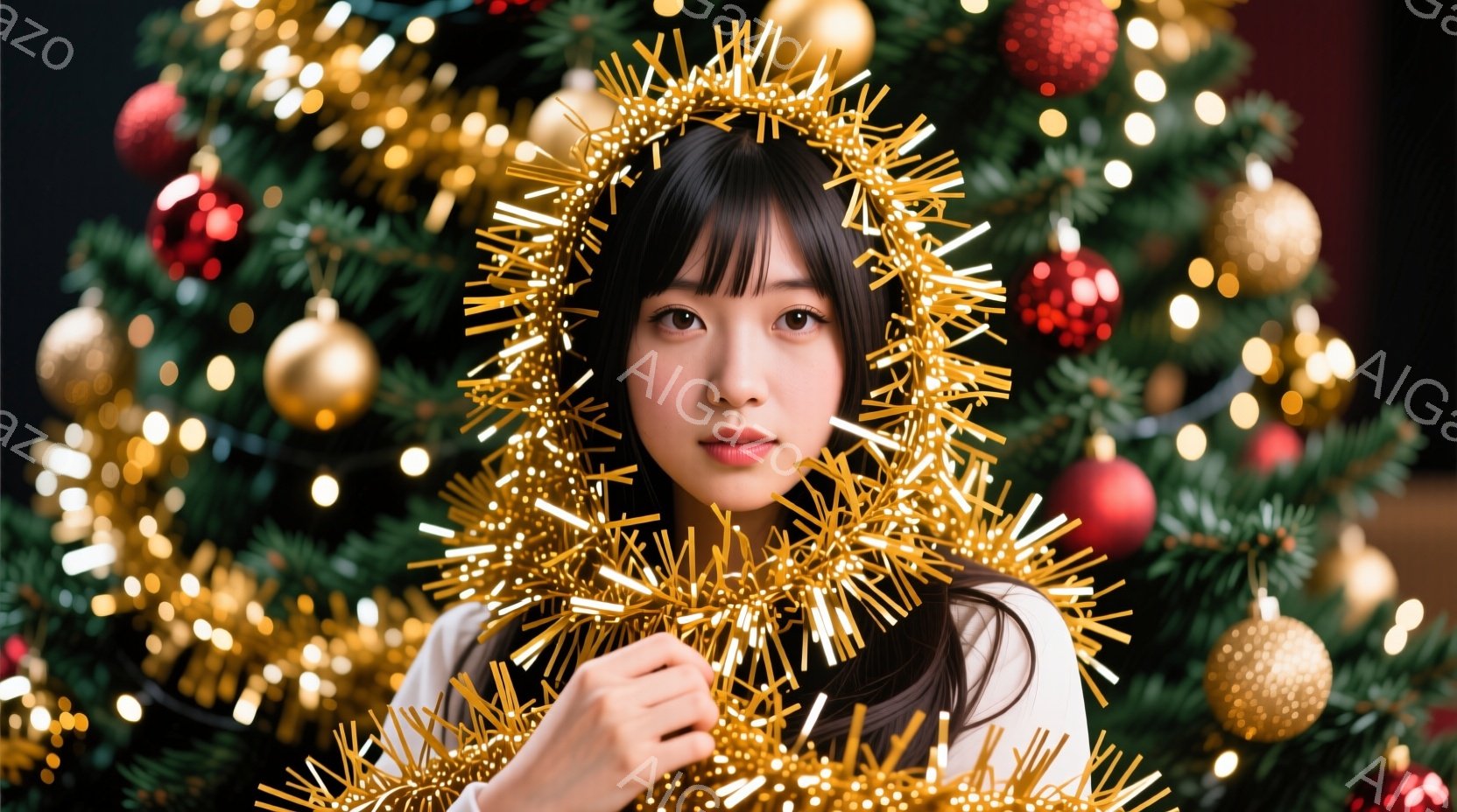 若い女性がクリスマスツリーの前で、金色のモールで顔を囲んでいます。彼女は白いセーターを着ており、黒髪はストレートで肩にかかっています。背景には緑色のクリスマスツリーと、様々な色のオーナメントが散りばめ - AI生成フリー素材