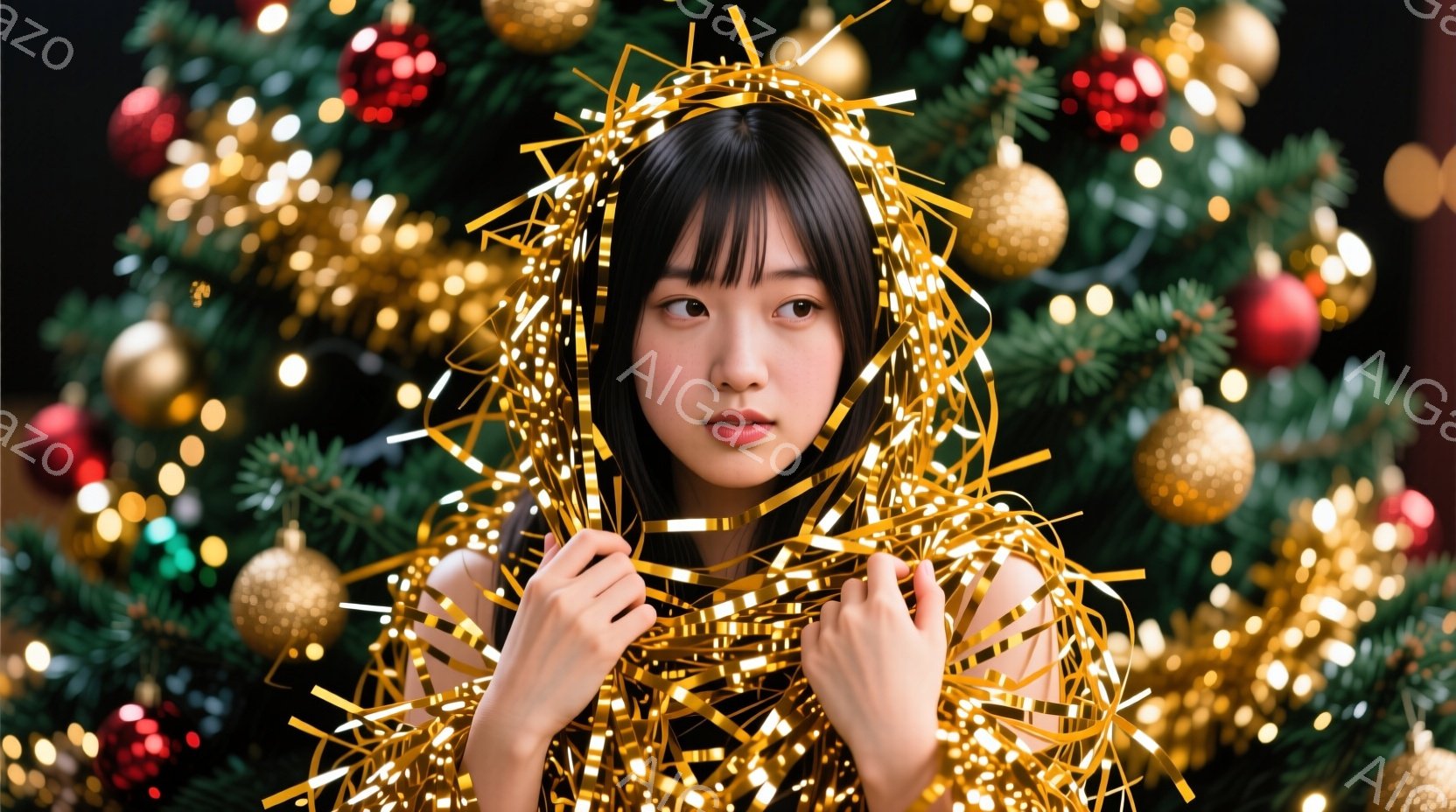 彼女はキラキラした金色のガーランドに顔を半分隠し、少しいたずらっぽい表情でこちらを見ている。黒髪のヘアスタイルで、白いタンクトップを着ている。背景には、たくさんのオーナメントで飾られたクリスマスツリー - AI生成フリー素材