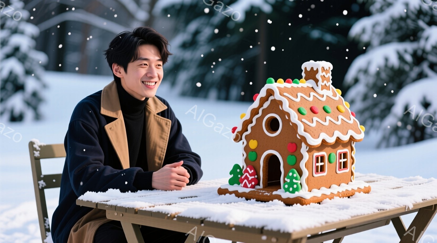 若い男性が屋外の雪景色の中で、折り畳みテーブルに置かれたジンジャーブレッドハウスの隣に座っています。彼は紺色のジャケットにベージュ色のセーターを着ており、笑顔でリラックスした表情をしています。背景は雪 - AI生成フリー素材