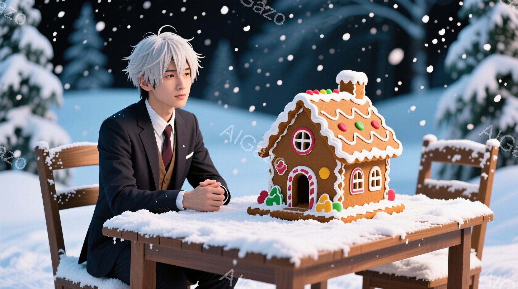 若い男性が雪景色の中でテーブルを挟んでジンジャーブレッドハウスを見つめている。彼は黒いスーツに赤いネクタイを着用し、白くストレートの髪型をしている。背景には雪に覆われた木々があり、雪が舞っている様子か - AI生成フリー素材