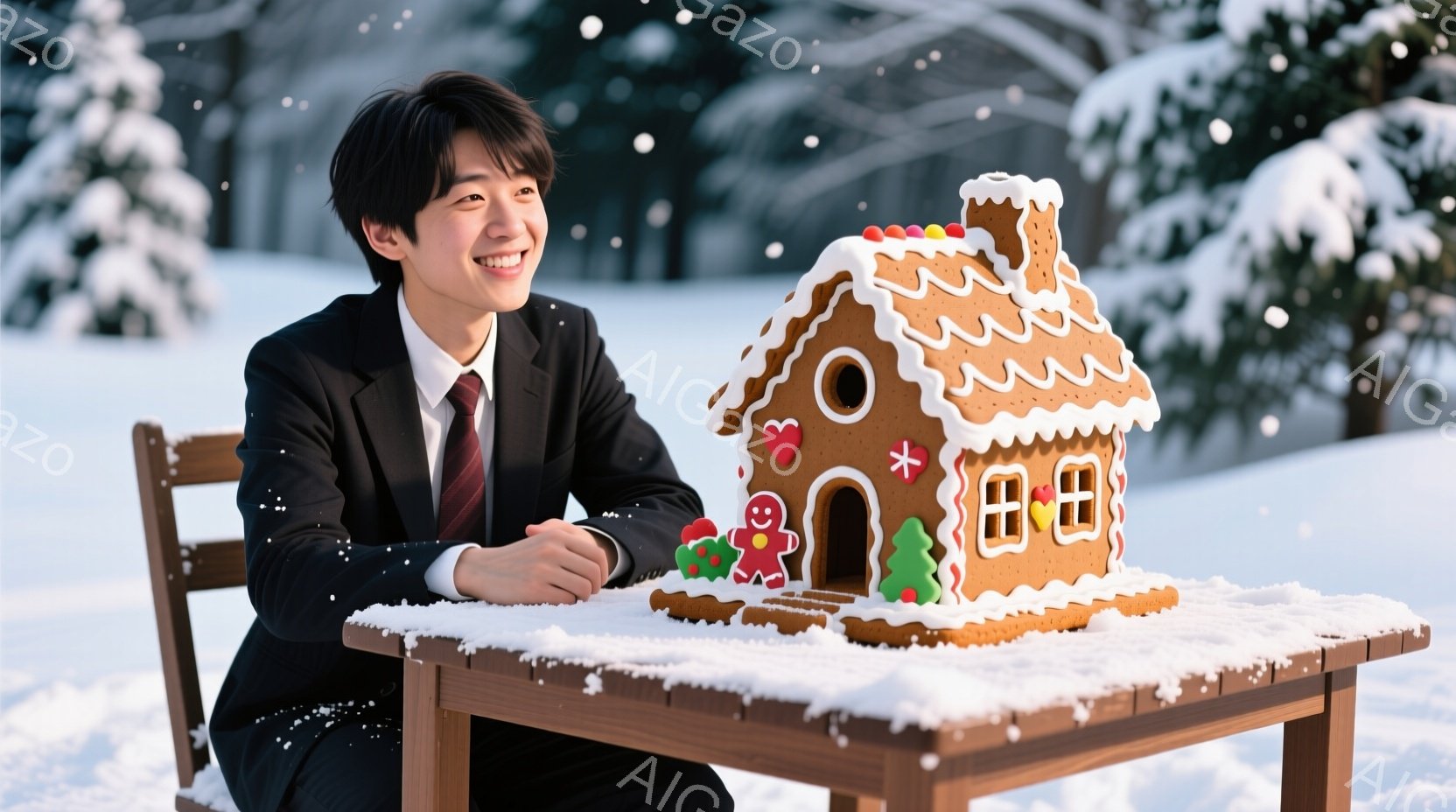 若い男性が、雪が降る屋外でジンジャーブレッドハウスを前に微笑んでいます。彼は黒いスーツに赤いネクタイを締め、髪は短く整えられています。背景には雪景色と木々が見え、テーブルの上には雪が積もっています。 - AI生成フリー素材