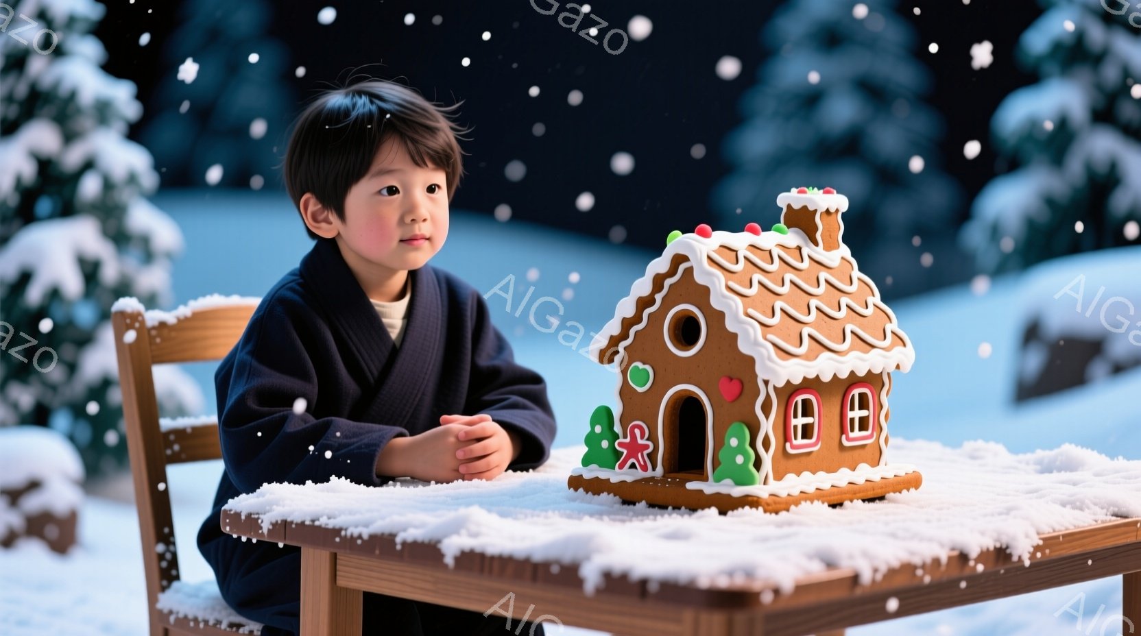 茶色の髪の少年が、クリスマスのジンジャーブレッドハウスを見つめています。紺色の暖かいパジャマを着ており、少し物憂げな表情をしています。背景は雪景色で、雪が舞い降り、クリスマスの飾りがわずかに見え、全体 - AI生成フリー素材