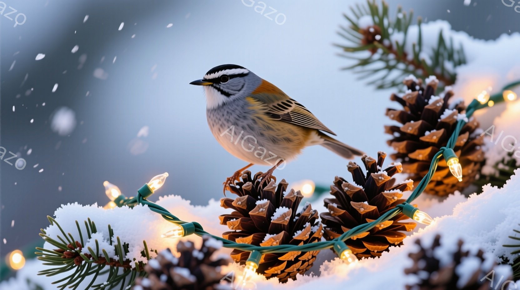 雪が降る冬の日に、松ぼっくりとイルミネーションライトに止まっている可愛らしい鳥が写っている。鳥は茶色と白の模様で、まるで冬の装いをしているように見える。背景には緑の針葉樹があり、全体的に穏やかで、冬の - AI生成フリー素材