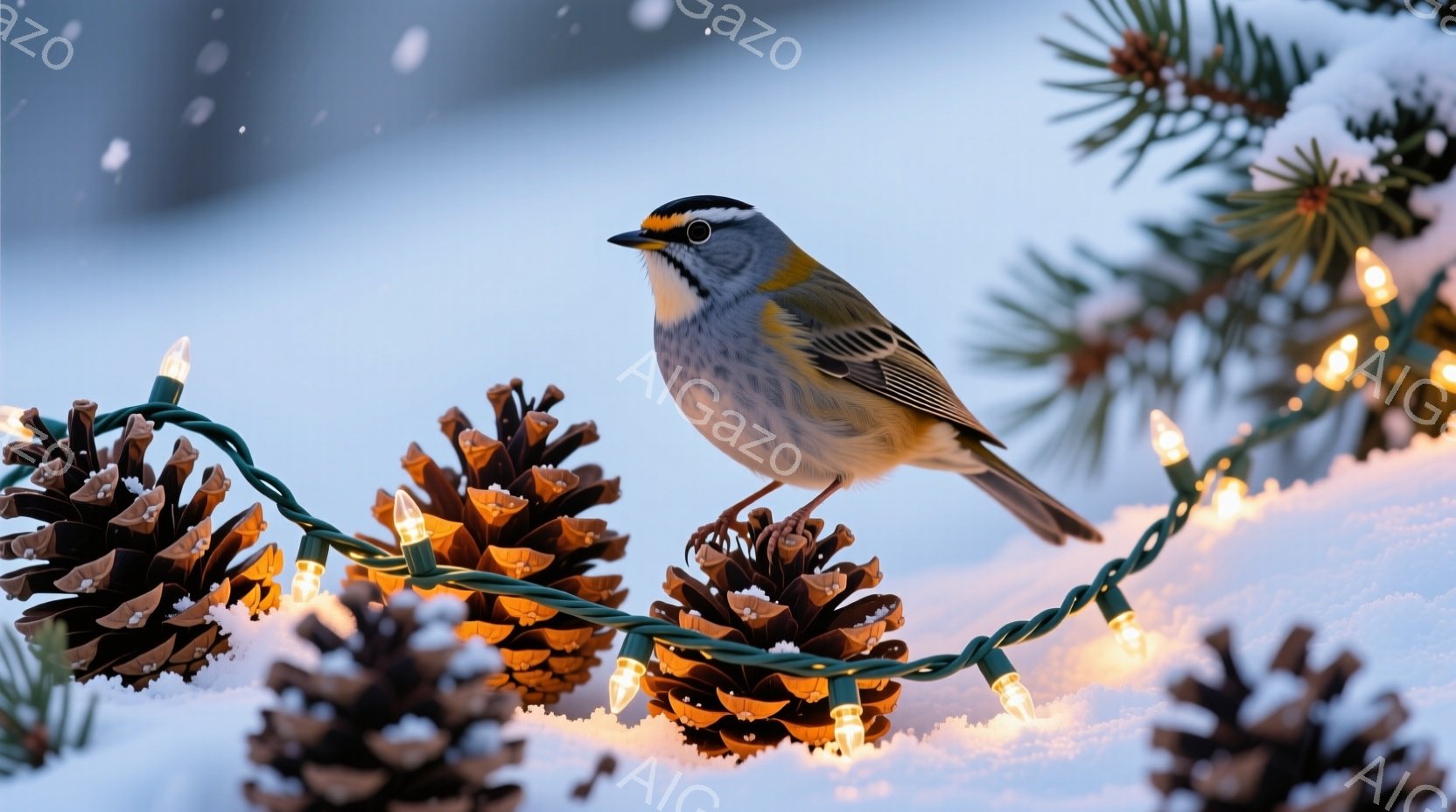 雪景色の中に、装飾用の電飾と松ぼっくりが散りばめられた中で、一羽の鳥が止まっています。鳥は茶色と白の羽を持ち、鮮やかな黄色の顔と黒い線が特徴的で、落ち着いた様子で電飾に寄りかかっています。背景は白く雪 - AI生成フリー素材