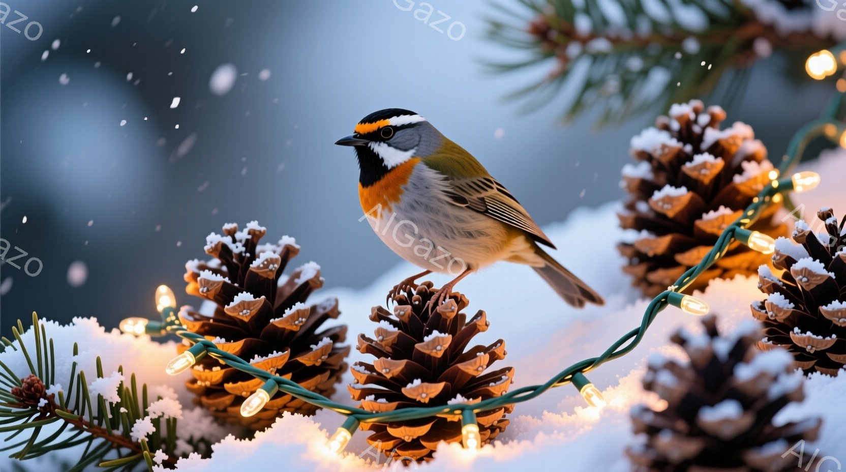 雪に覆われた松ぼっくりとイルミネーションライトの中に、美しい胸の赤い鳥が立っている。鳥は警戒心をもって前方を向き、冬の寒さを耐え忍んでいるようだ。背景はぼやけており、雪景色の中に暖かな光が差し込み、静 - AI生成フリー素材