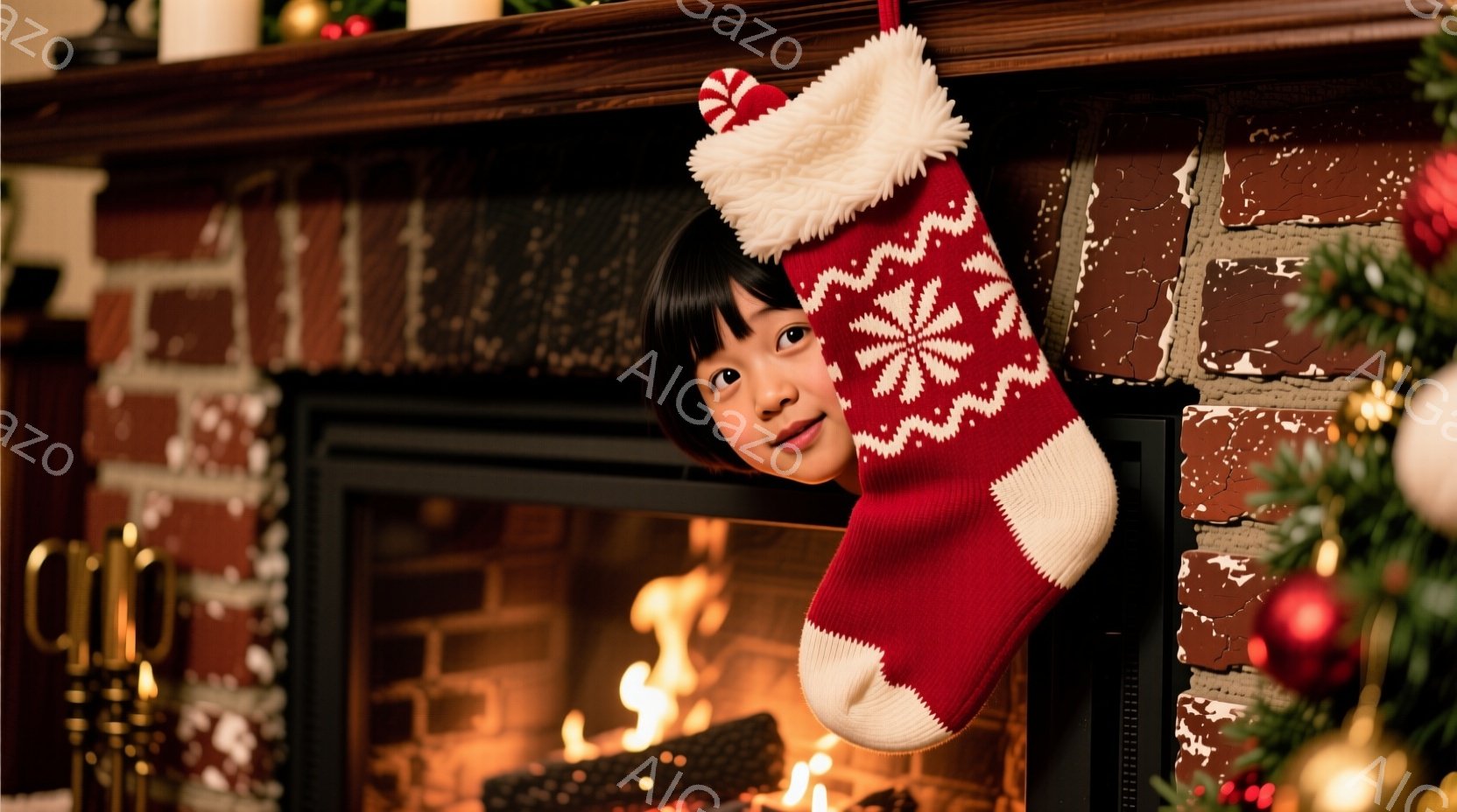 赤いクリスマスストッキングの中から、黒髪の少女が顔を出しています。彼女は赤い服を着ており、少し微笑んでいます。背景にはレンガ造りの暖炉と、クリスマスツリーの飾りが見え、暖かく、お祝いムードに包まれてい - AI生成フリー素材