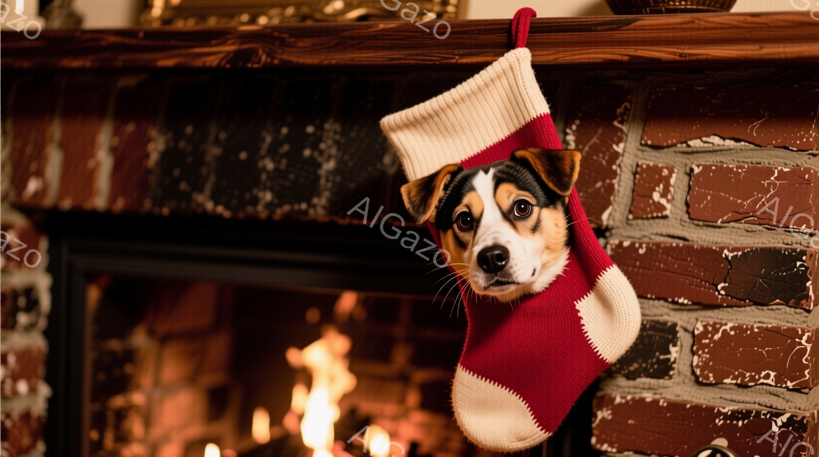 赤いクリスマスストッキングの中に、茶色と白の毛並みを持つ犬が顔を出しています。犬は少し驚いたような表情でカメラを見つめており、ストッキングから少し顔を突き出しています。背景には暖炉の火が見え、レンガ造 - AI生成フリー素材