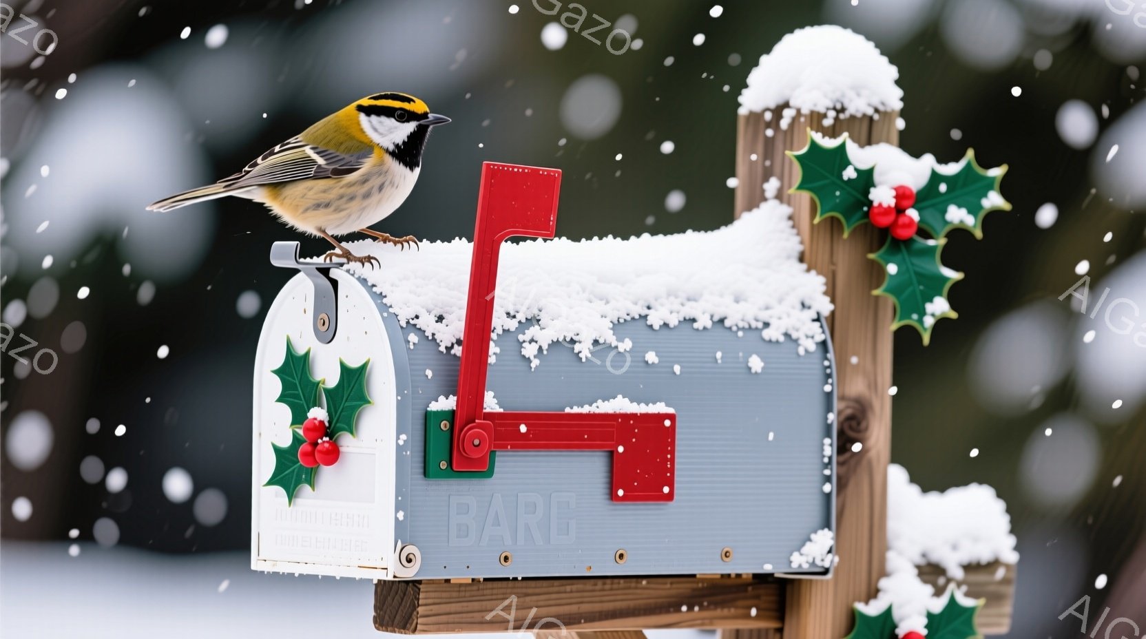 雪が降る冬の日に、青い郵便ポストの上に小さな鳥が止まっています。郵便ポストは赤色の旗が付いており、クリスマスの飾りである葉と赤い実で飾られています。背景は雪景色で、冬の静かで穏やかな雰囲気が漂っていま - AI生成フリー素材