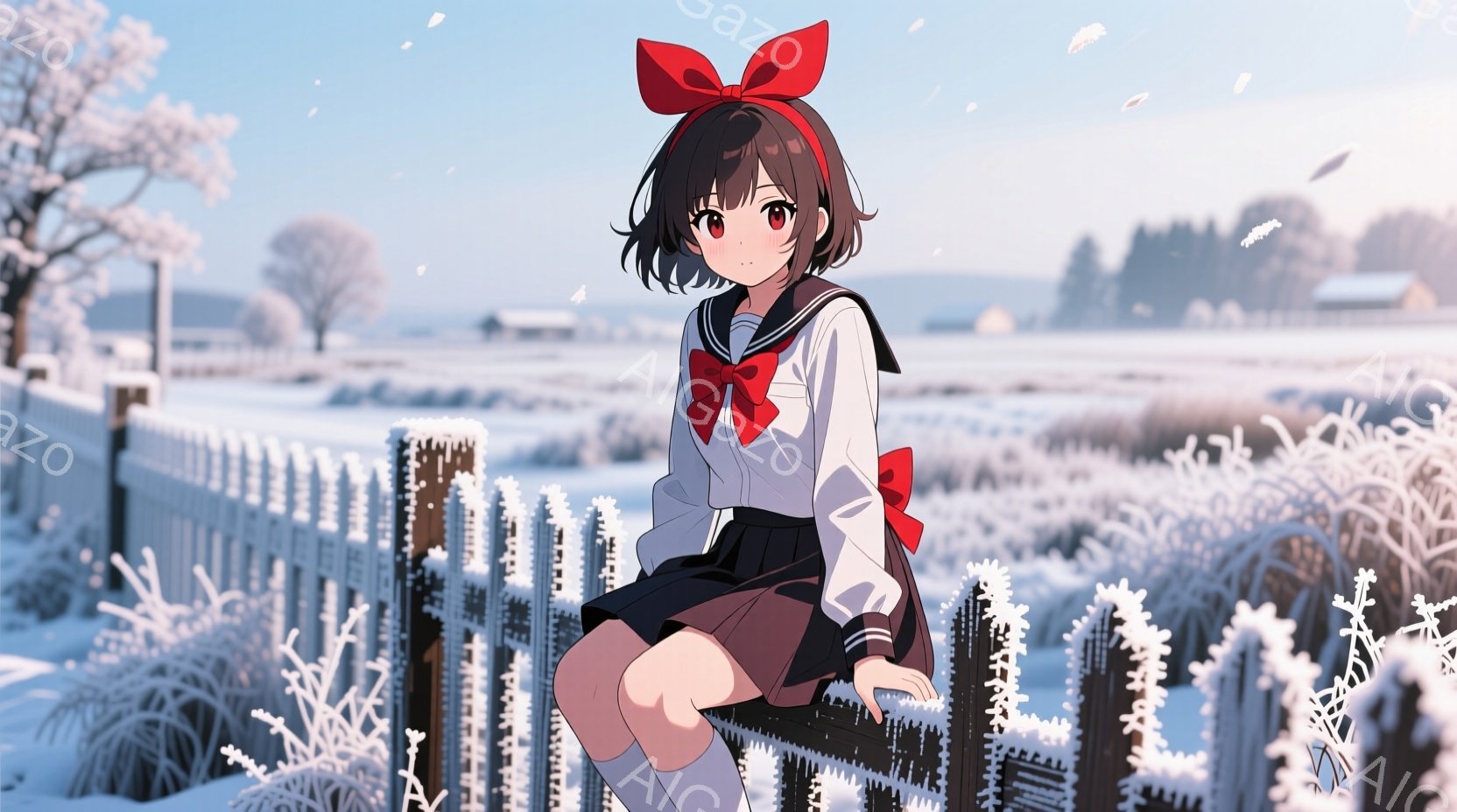 短い茶色の髪に赤いリボンをつけた少女が、雪景色の中、木製の柵の上に腰掛けている。白いブラウスと黒いスカート、そして白い膝上ソックスという制服姿で、少し微笑んでいる様子が伺える。背景には雪に覆われた田園 - AI生成フリー素材