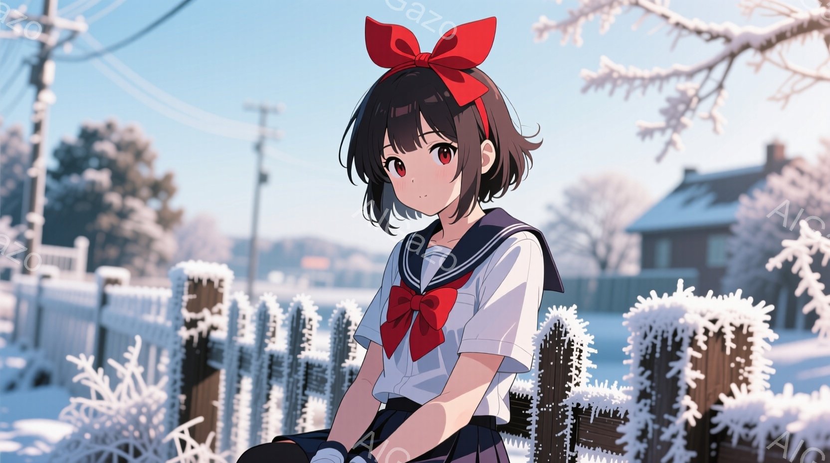 黒髪で前髪が目の上まである、制服を着た少女が描かれています。彼女は赤いリボンと白いセーラー服を着ており、少し憂いのある表情をしています。背景には雪化粧された木々と建物があり、冬の穏やかな雰囲気を醸し出 - AI生成フリー素材