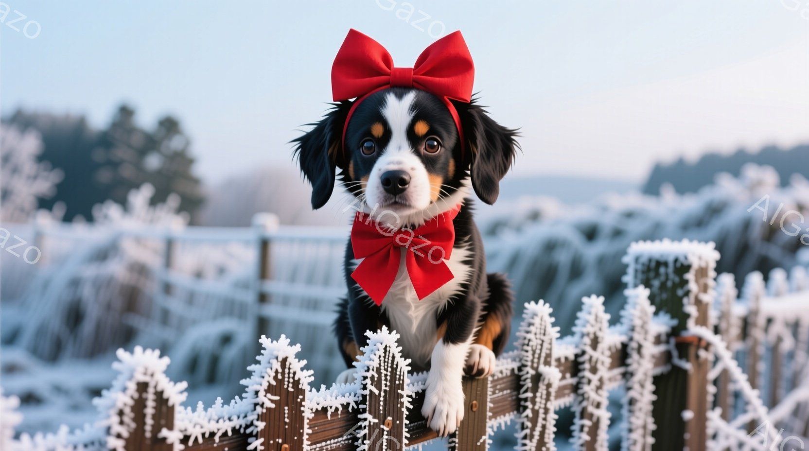 白い霜で覆われた木製の柵に、黒と茶色の毛並みを持つ犬が座っています。赤い大きなリボンを首に巻き、正面を見て穏やかな表情をしています。背景は冬の景色で、霜で覆われた草木と、ぼやけた遠くの山々が広がってい - AI生成フリー素材