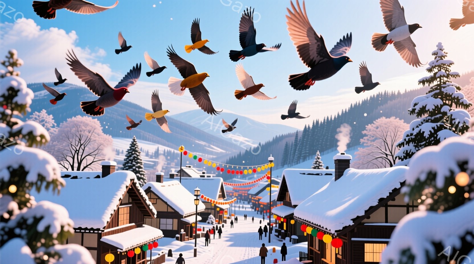 雪に覆われた山々に囲まれた、可愛らしい村の風景です。家々は木造で、屋根には雪が積もり、カラフルな提灯が飾られています。人々は冬の服装で、雪道を歩き、活気のある暖かい雰囲気が漂っています。 - AI生成フリー素材