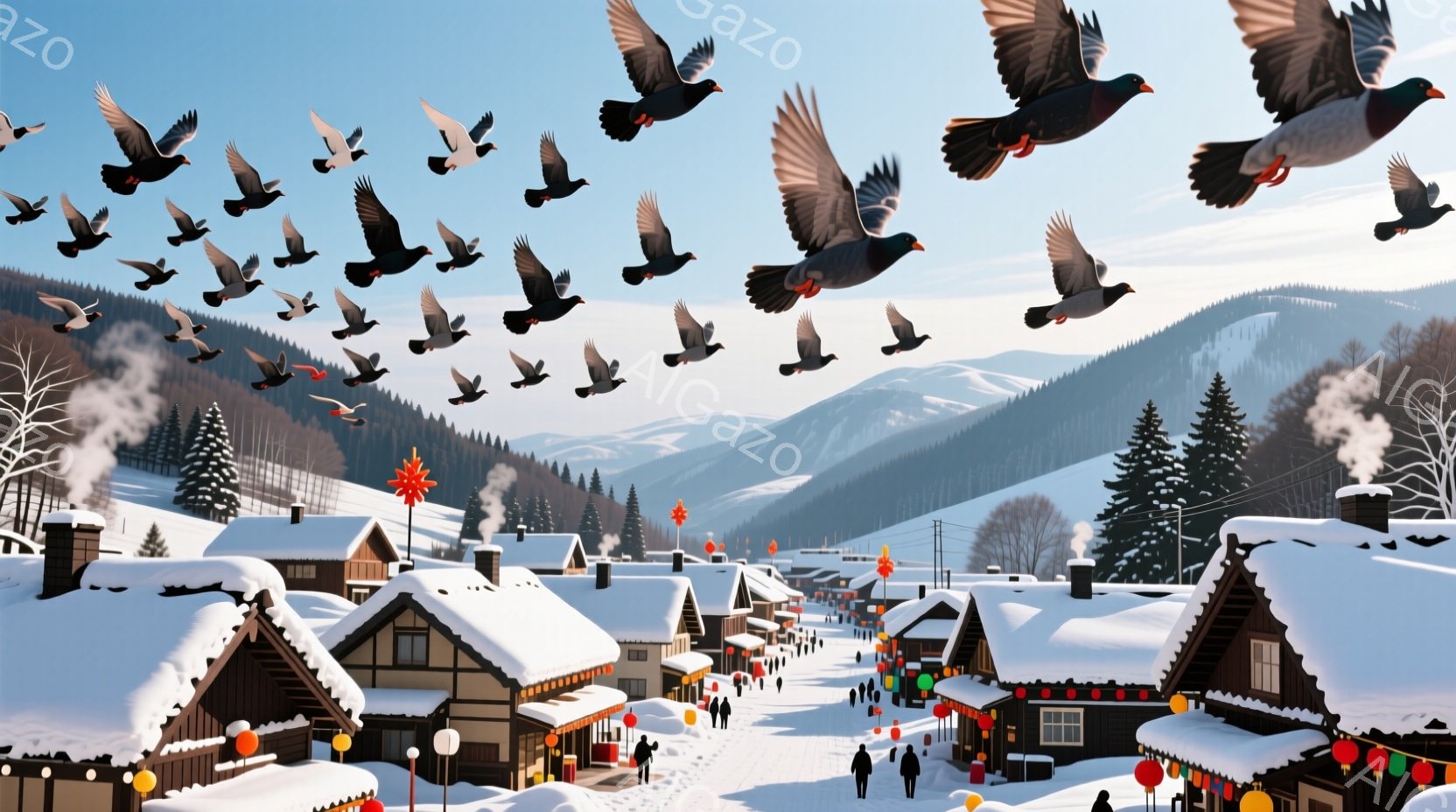 雪に覆われた山々に囲まれた村の風景が描かれています。建物は木造で、屋根には雪が積もり、赤色の提灯が飾られています。人々は冬の装いで、コートや帽子を着用し、雪道を歩いています。 - AI生成フリー素材